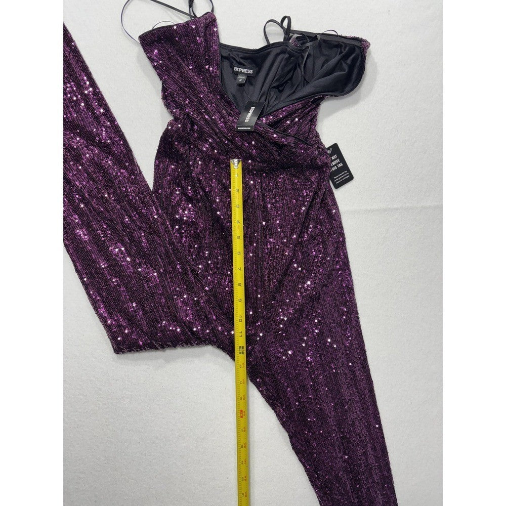 Express Jumpsuit Womens XS Purple Sequin V Neck Wide Leg Sleeveless 19938189 NEW