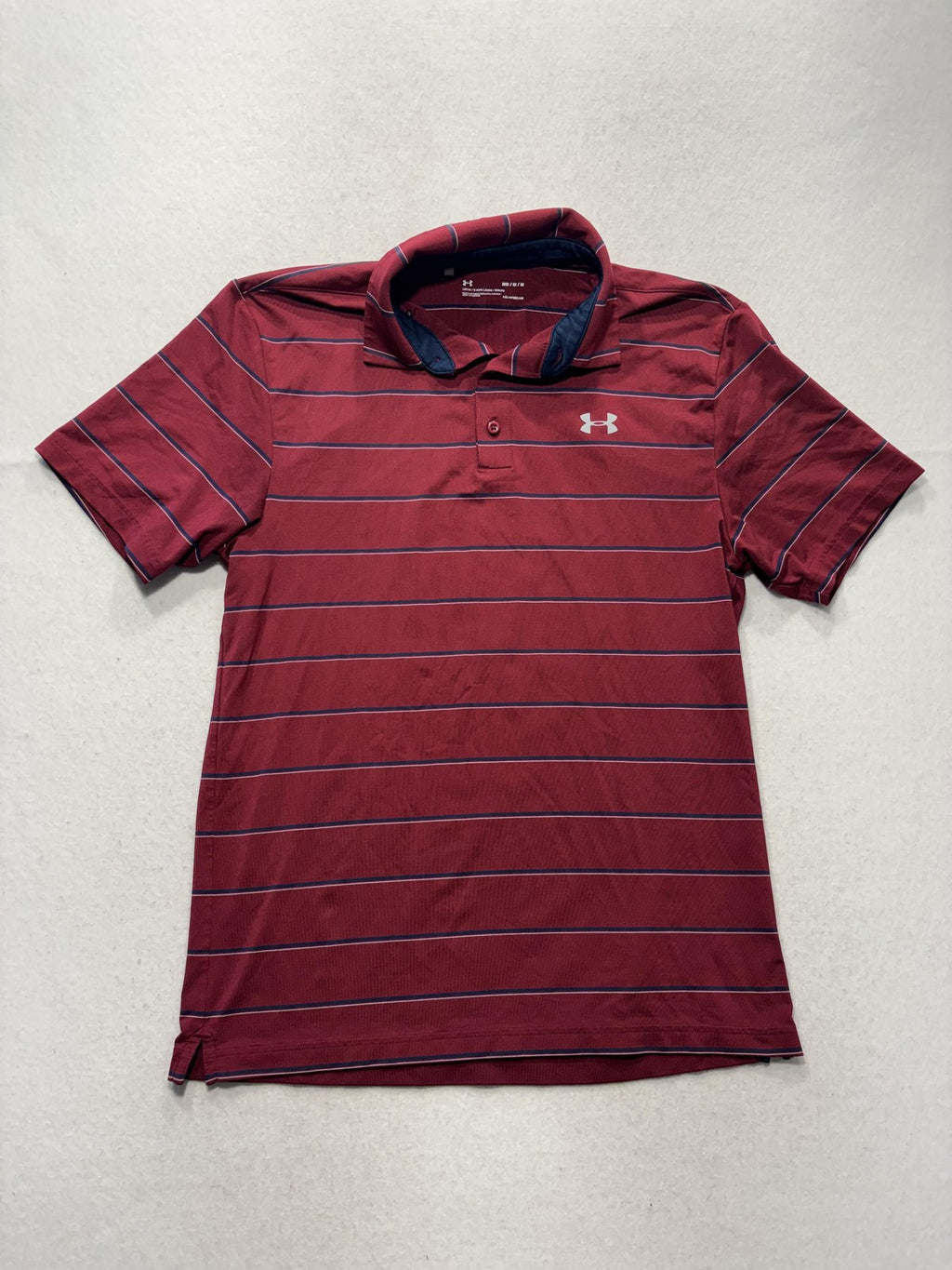 Under Armour HeatGear Polo Shirt Mens Medium Red Striped Loose Golf Short Sleeve