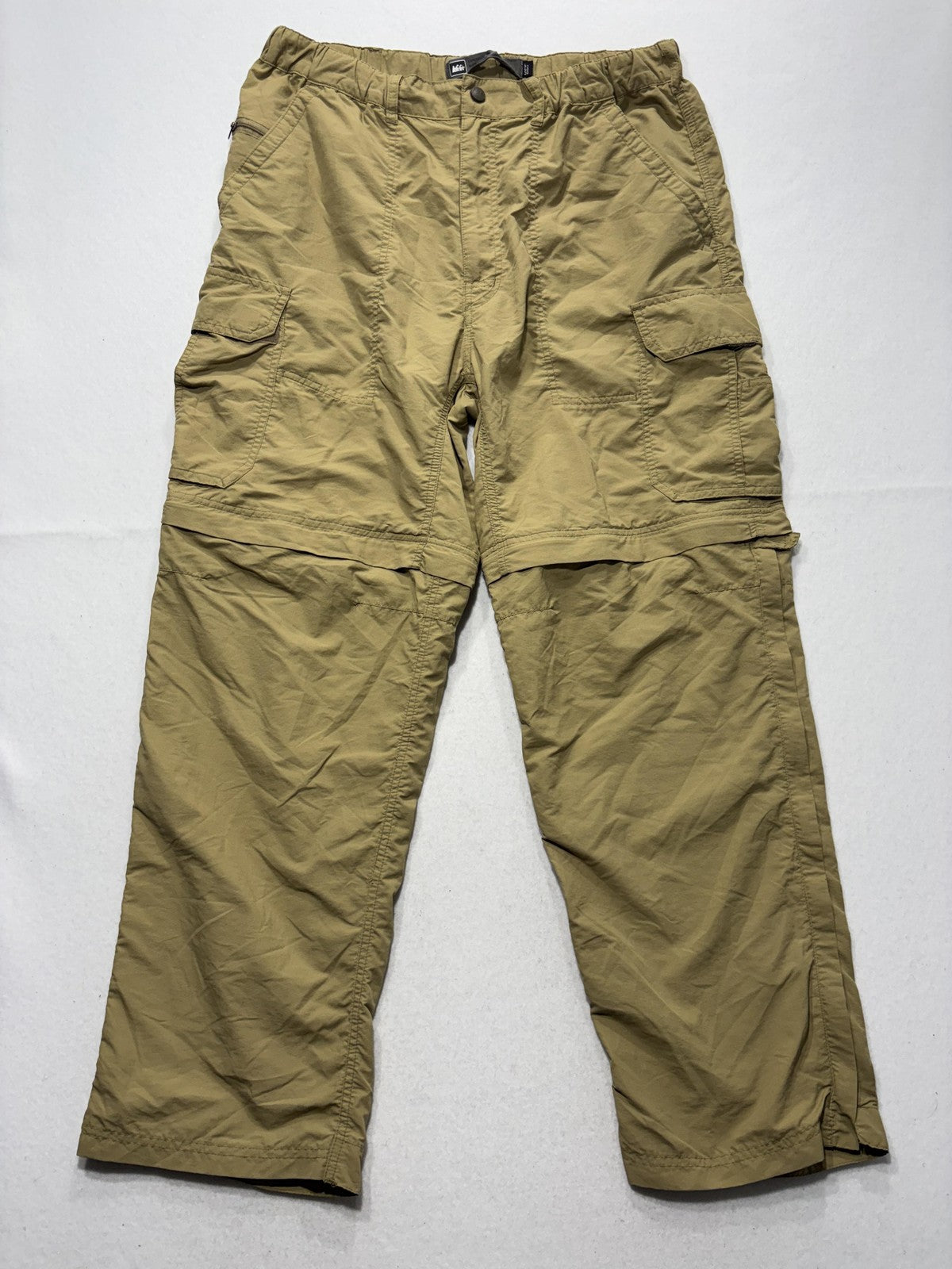 REI Convertible Cargo Pants Mens Medium Beige Nylon Elastic Waist UPF 50 Hiking