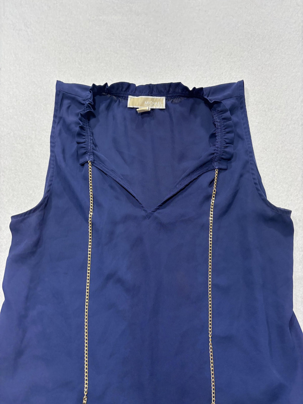 MICHAEL Michael Kors Blouse Womens Small Blue V Neck Chain Tie Ruffle Tunic Top