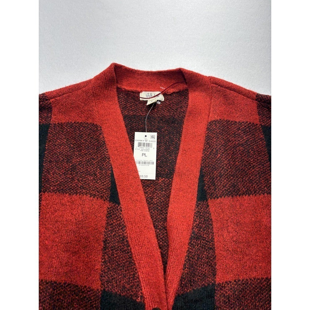 Style&co. Cardigan Womens PL Red Buffalo Plaid Chunky Knit Button Front Pockets