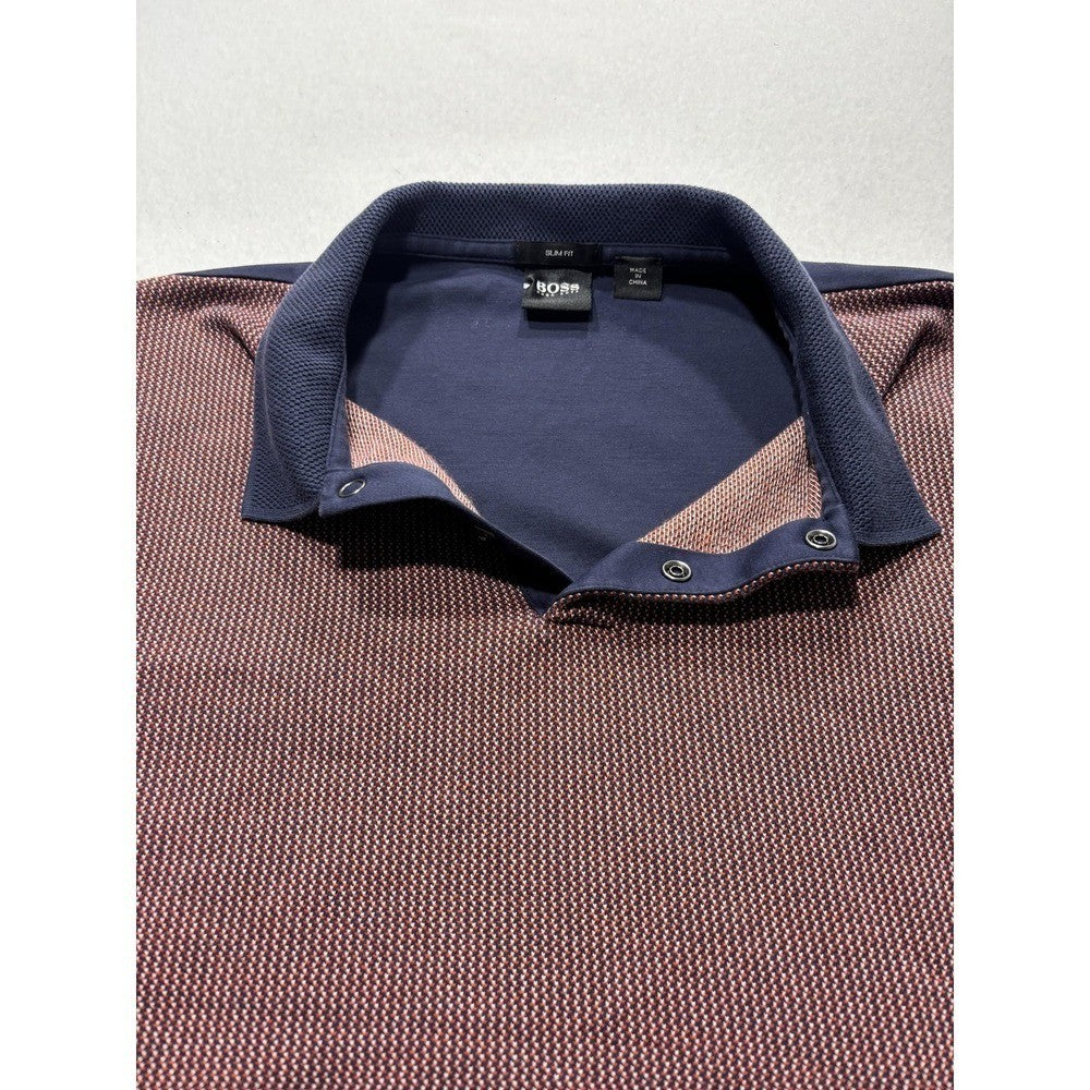 Hugo Boss Polo Shirt Mens Medium Blue Slim Fit Geometric Knit Short Sleeve