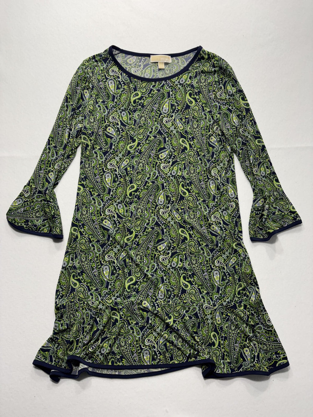 MICHAEL Michael Kors Dress Womens Large Blue Green Paisley Shift Bell Sleeve