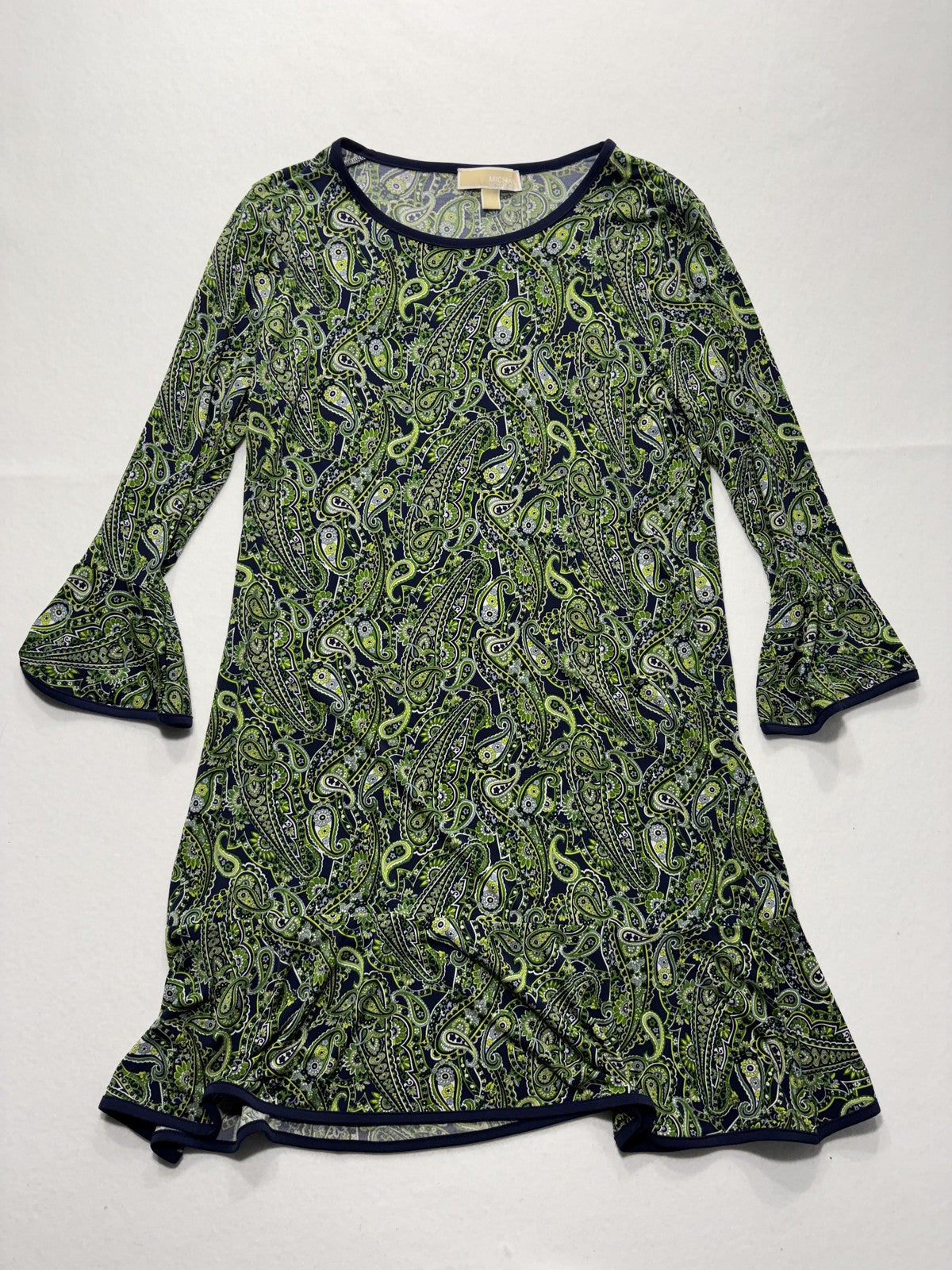 MICHAEL Michael Kors Dress Womens Large Blue Green Paisley Shift Bell Sleeve