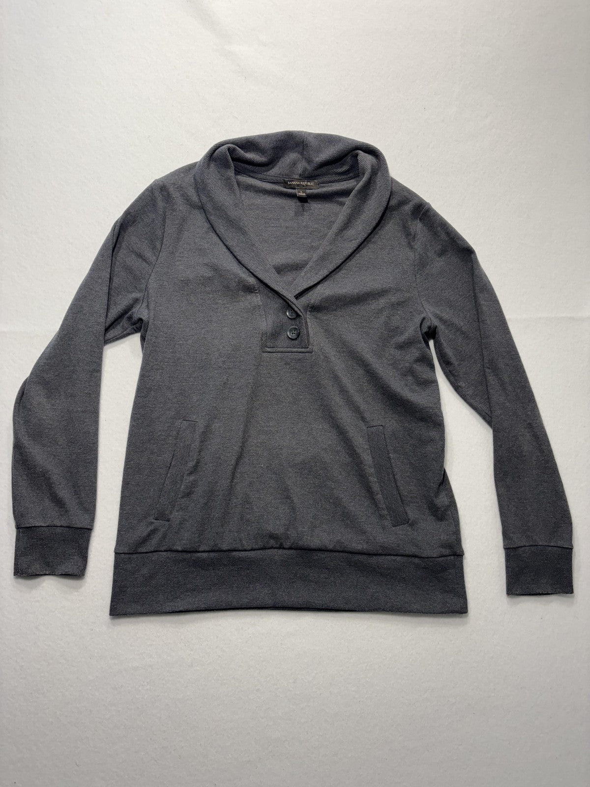 Banana Republic Sweatshirt Mens Large Gray Shawl Collar Henley Pockets Pullover