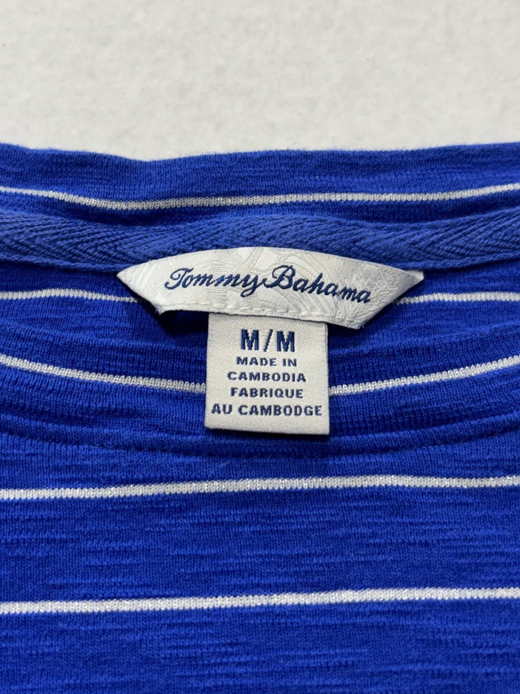 Tommy Bahama Shirt Womens Medium Blue Stripe Crew Neck 3/4 Sleeve Tunic Top