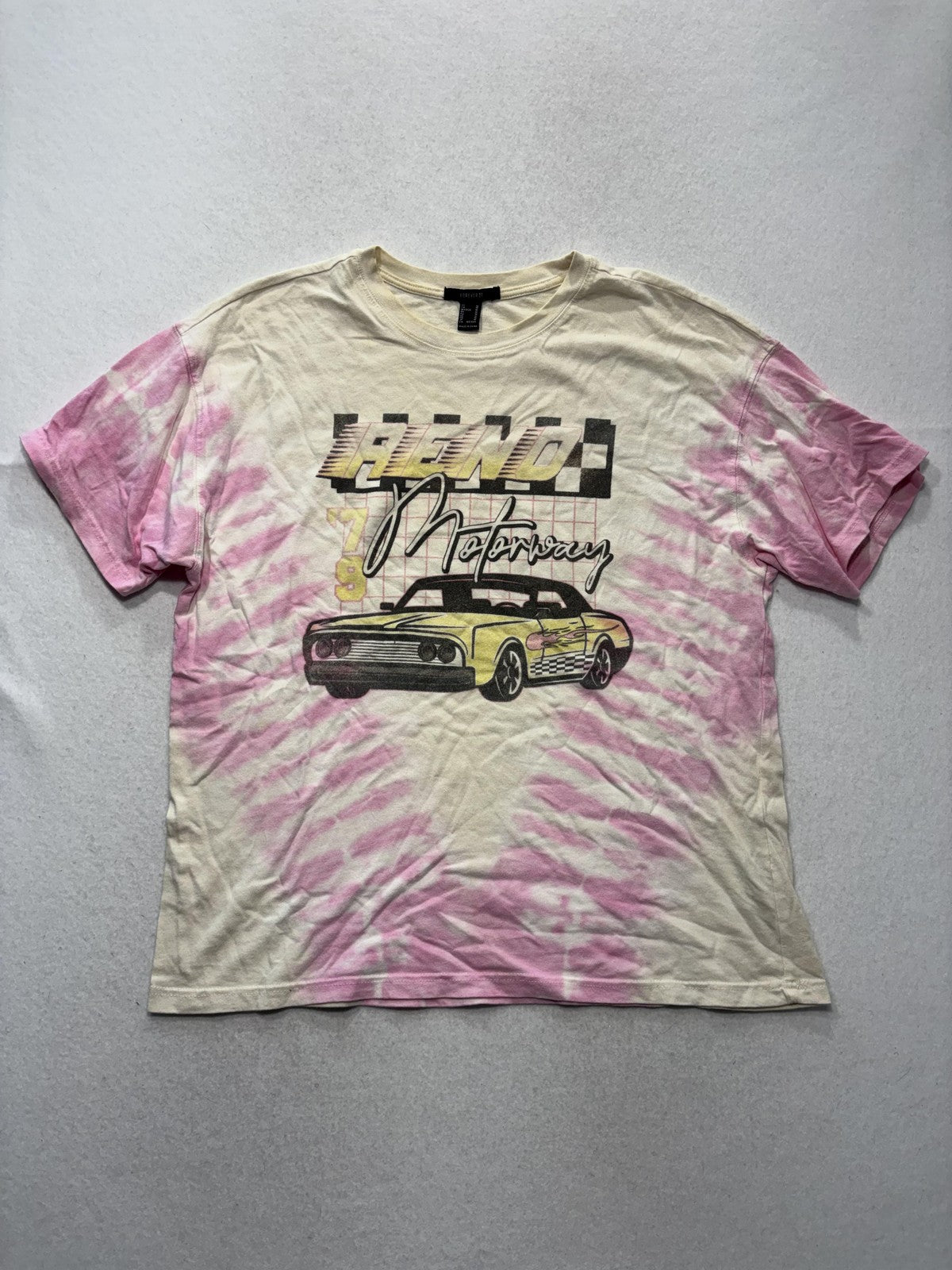 Forever 21 Womens M Pink Tie Dye Reno Motorway Racing Car Graphic T Shirt Retro