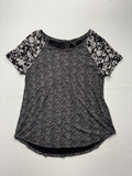 Lucky Brand Blouse Womens XL Black Floral Raglan Short Sleeve Zip Back Knit Top