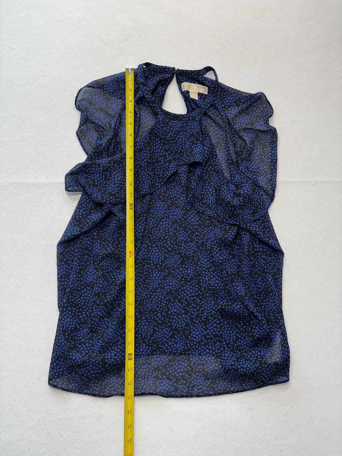 MICHAEL Michael Kors Blouse Womens Small Blue Star Print High Neck Ruffle Sheer