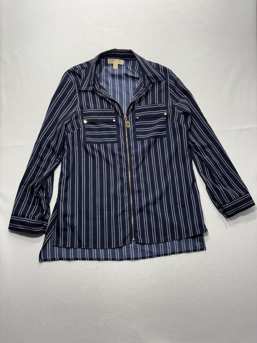 MICHAEL Michael Kors Blouse Womens Large Blue Stripe Zip Tunic Long Sleeve Top