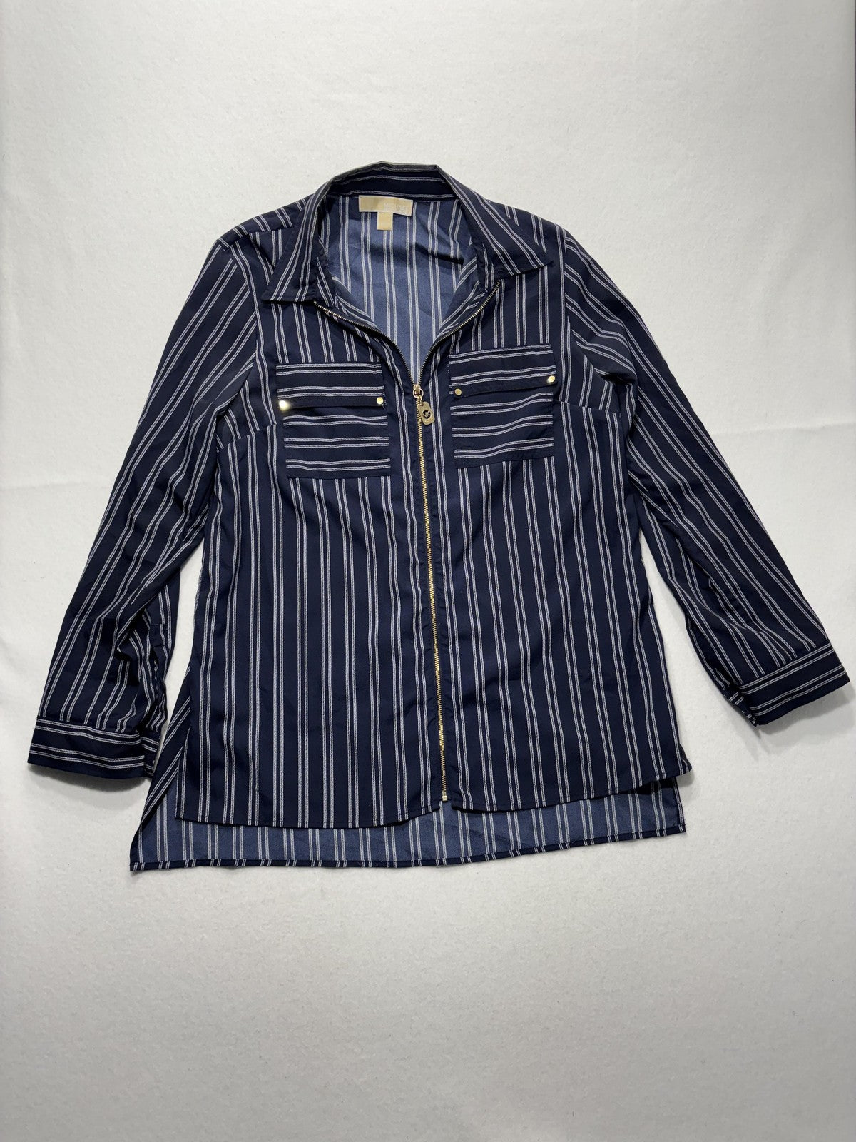 MICHAEL Michael Kors Blouse Womens Large Blue Stripe Zip Tunic Long Sleeve Top
