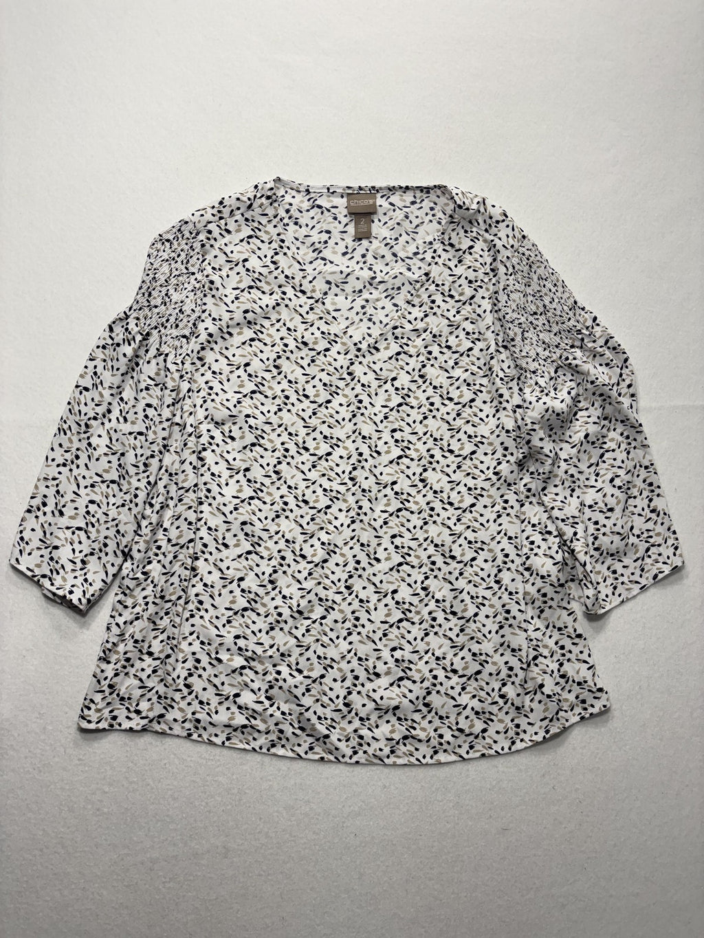 Chico's Blouse Womens 2 White Floral V Neck 3/4 Bell Sleeve Lightweight Tunic