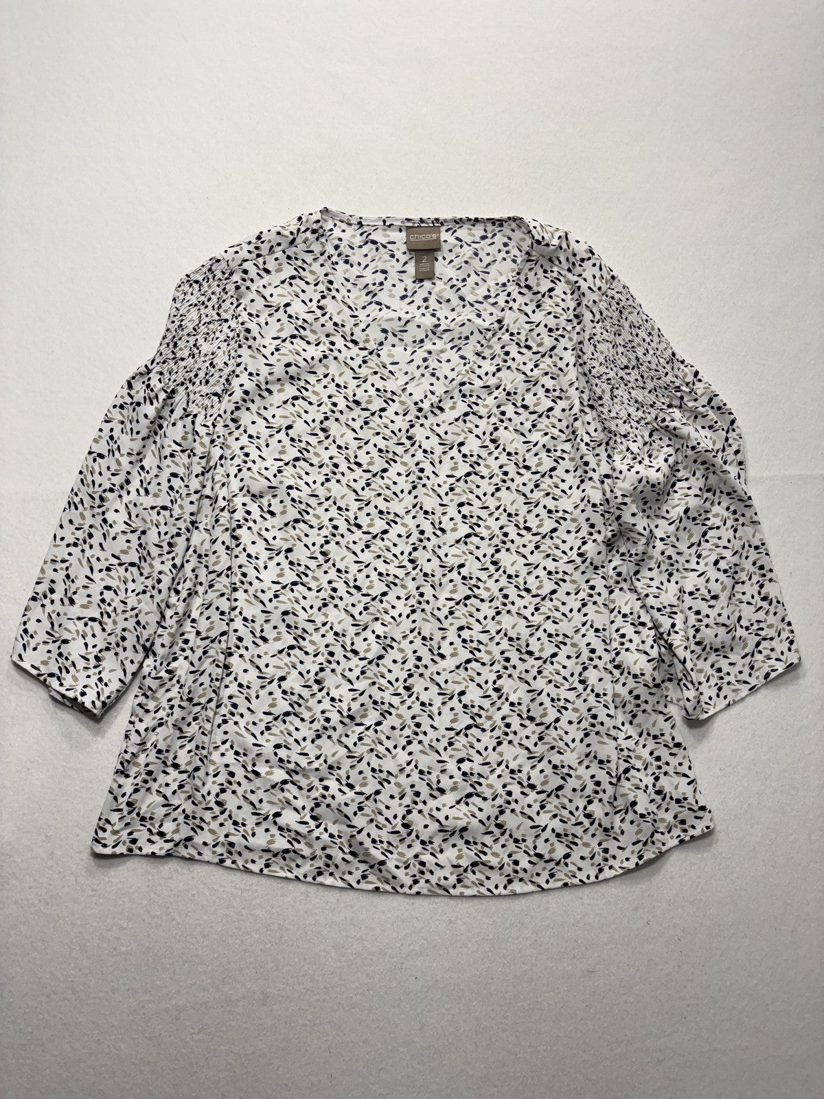 Chico's Blouse Womens 2 White Floral V Neck 3/4 Bell Sleeve Lightweight Tunic