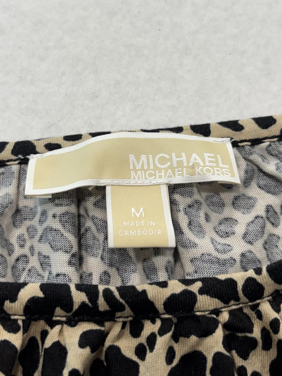 Michael Kors Blouse Womens Medium Beige Leopard Print 3/4 Bell Sleeve Tunic Top