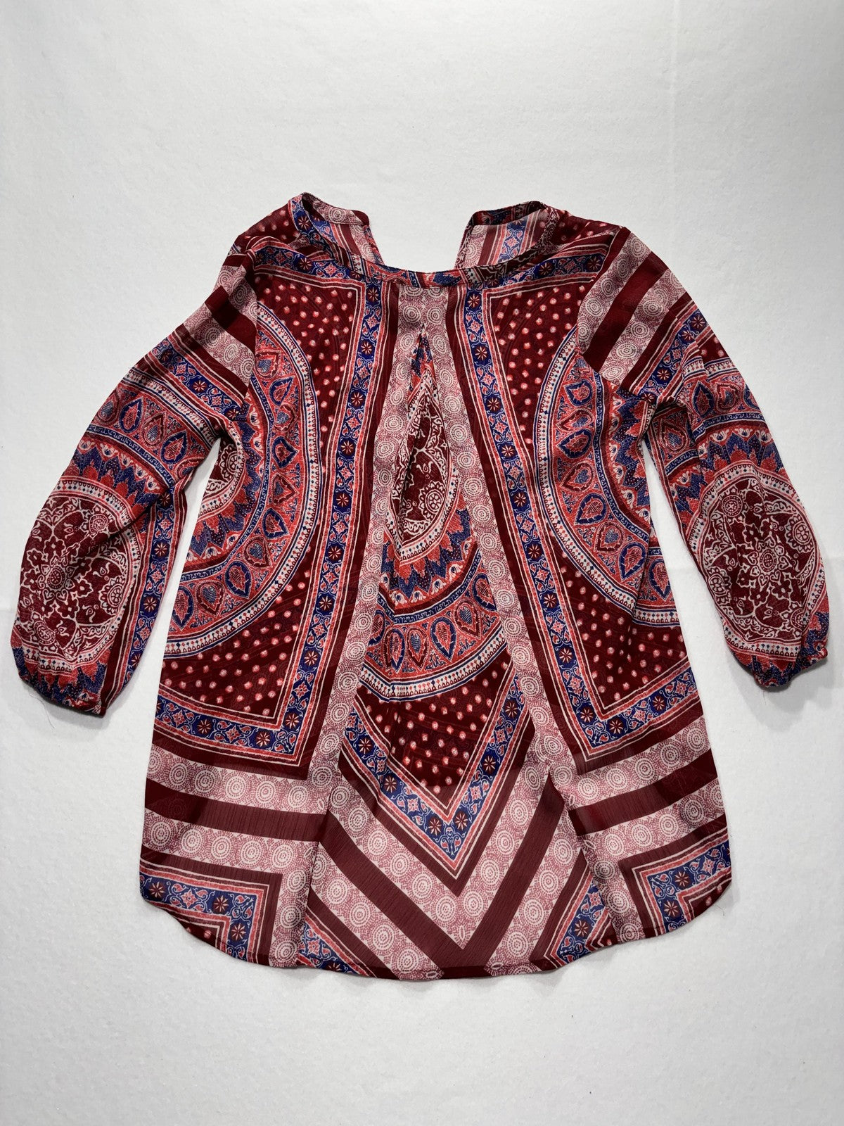 Lucky Brand Blouse Womens Small Red Paisley Long Sleeve Tunic Top Boho