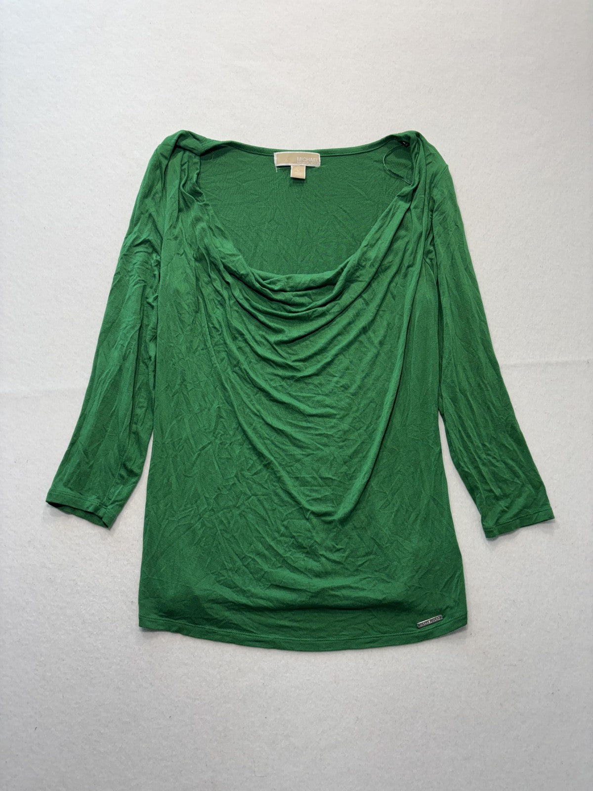Michael Kors Top Womens Medium Green Cowl Neck 3/4 Sleeve Stretch Tunic Blouse