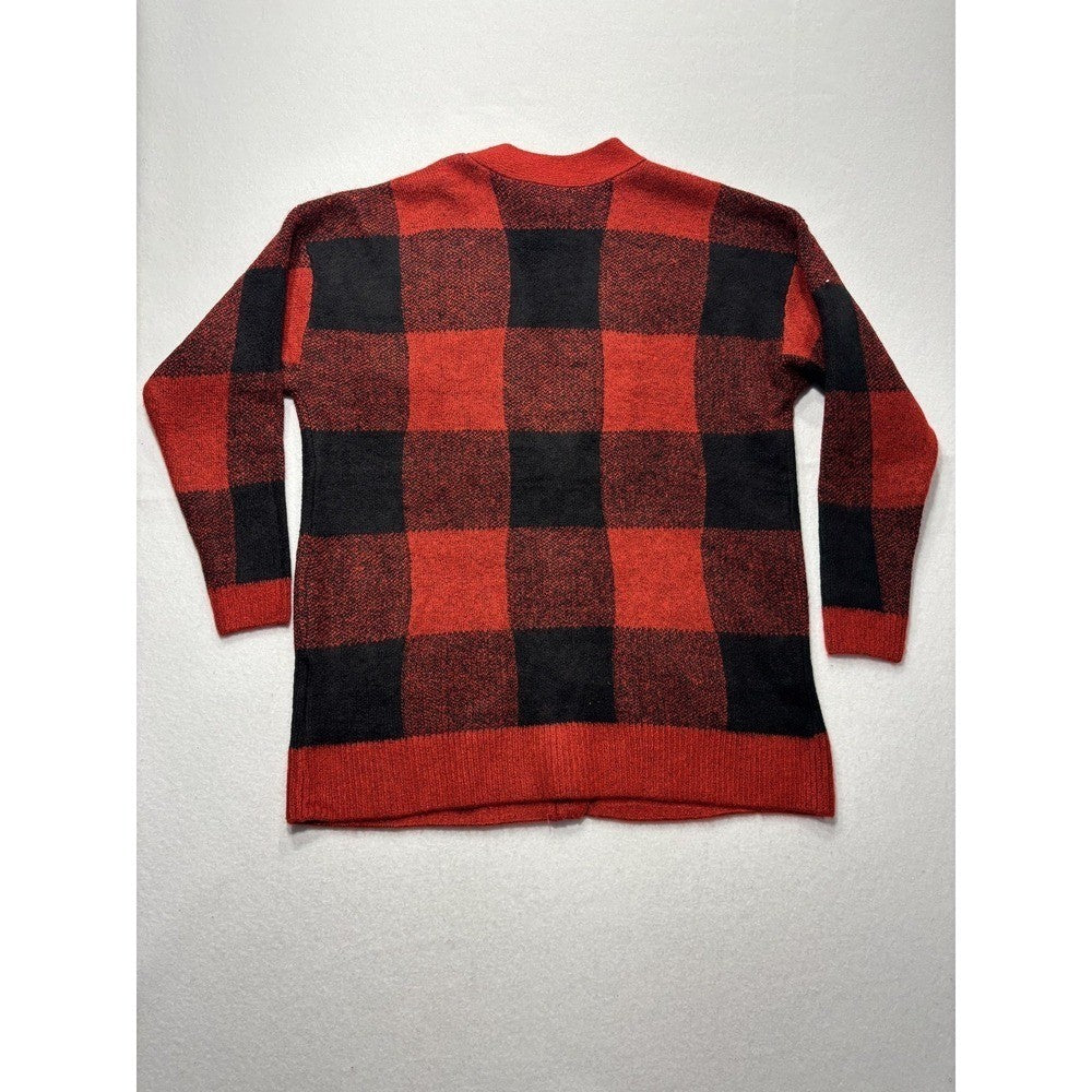 Style&co. Cardigan Womens PL Red Buffalo Plaid Chunky Knit Button Front Pockets