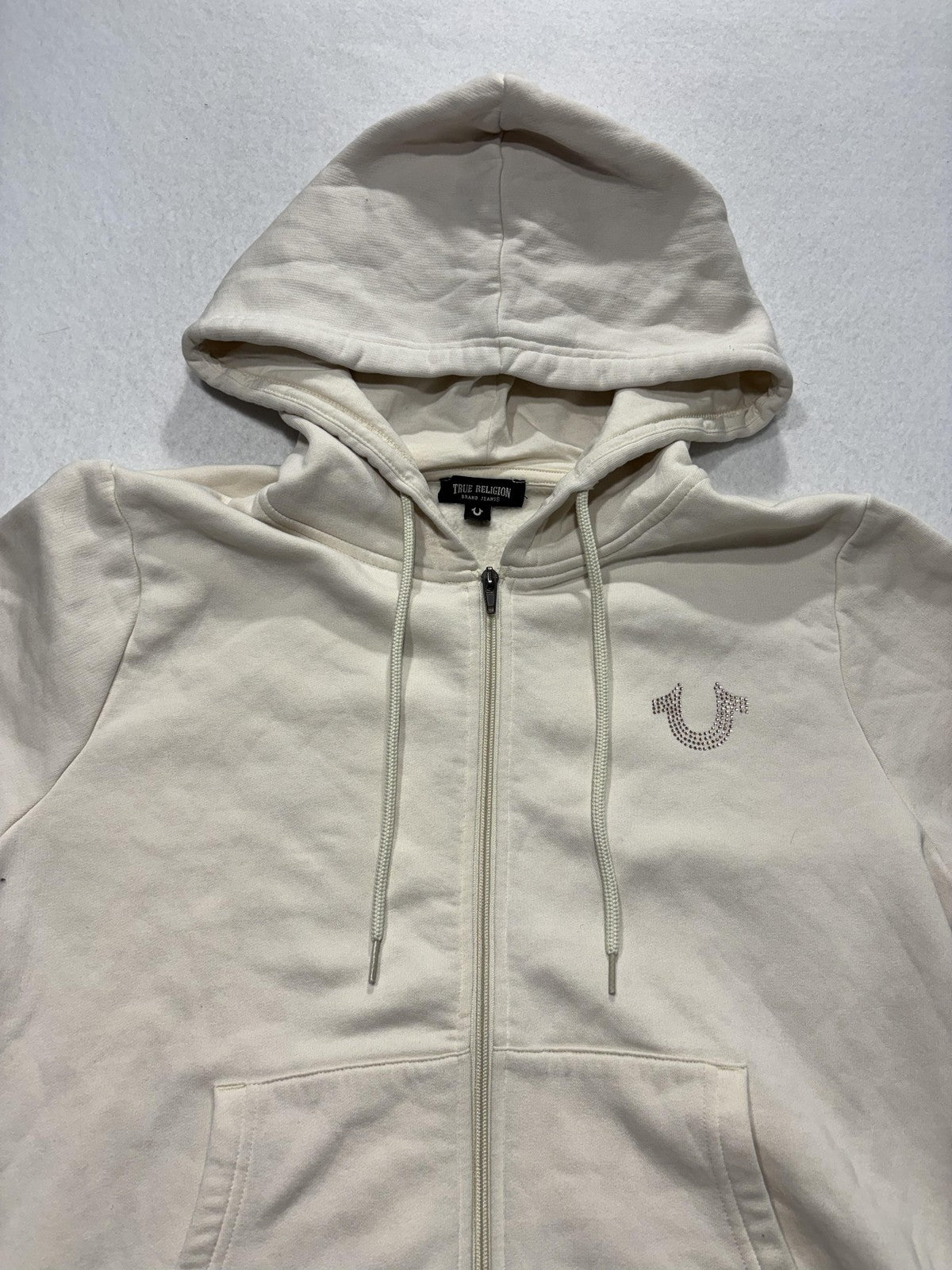 True Religion Hoodie Womens XL White Rhinestone Logo Full Zip Graphic Buddha