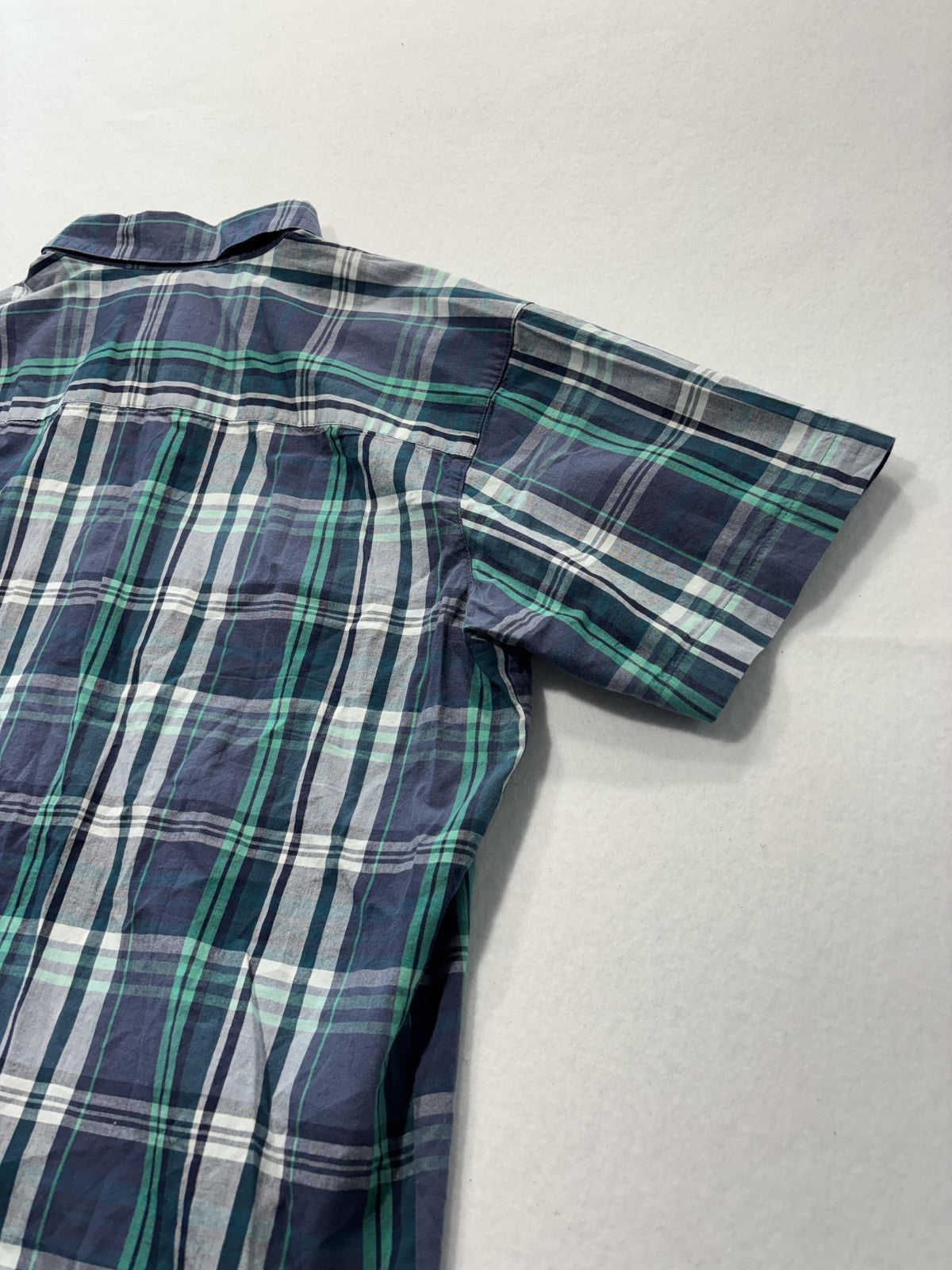 Columbia Shirt Mens Large Blue Green Plaid Short Sleeve Button Up Casual Stretch