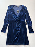 Express Dress Womens Medium Blue Velvet Wrap V Neck Ruched Long Sleeve Party