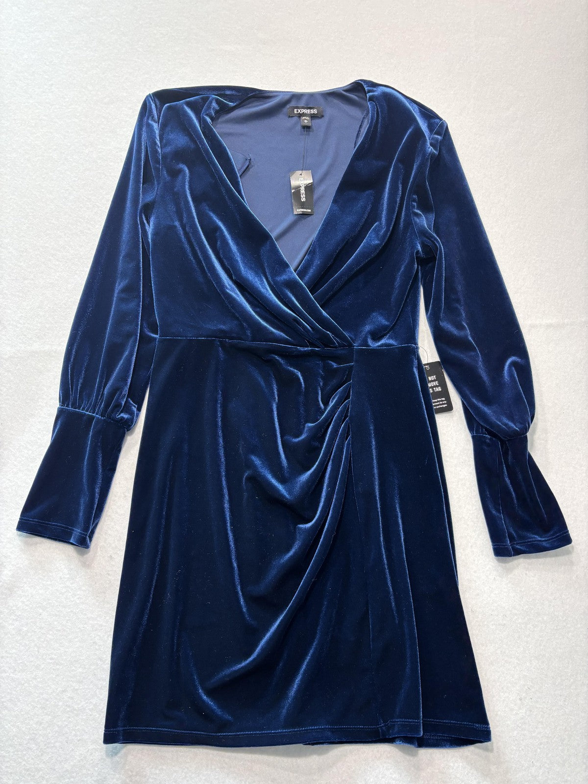 Express Dress Womens Medium Blue Velvet Wrap V Neck Ruched Long Sleeve Party