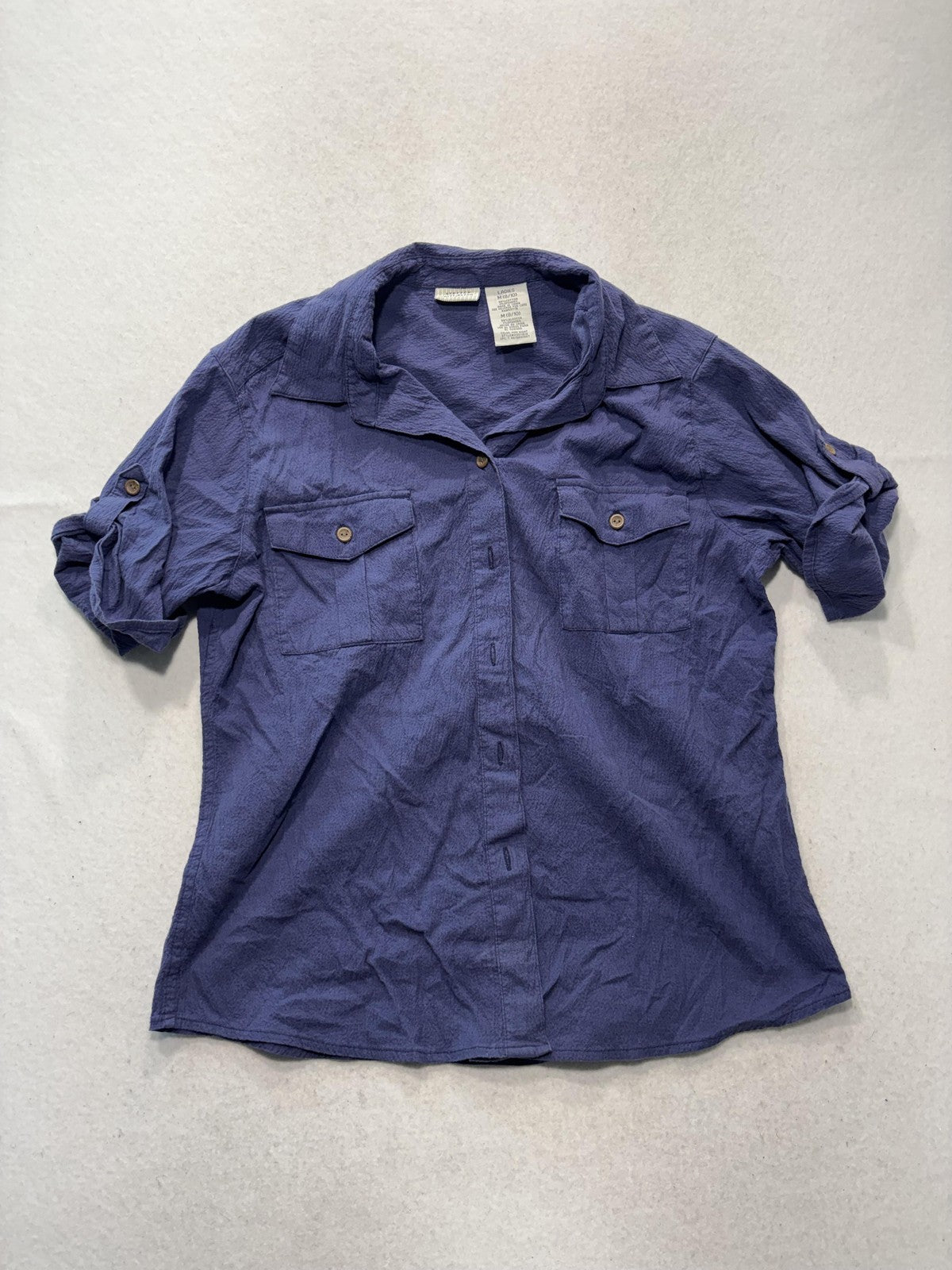 White Stag Womens Medium Blue Button Up Shirt Roll Tab Sleeve Stretch WSS11519