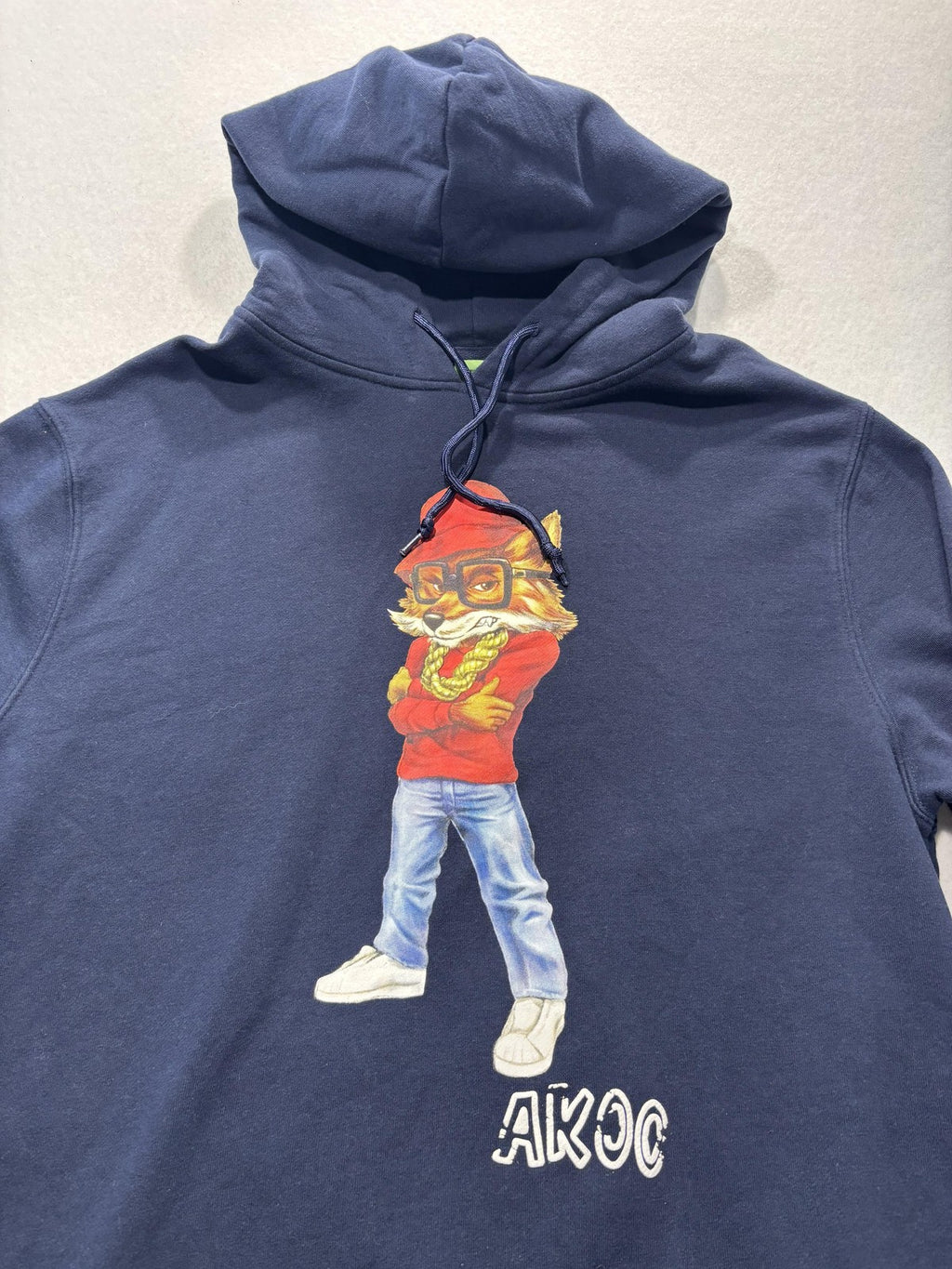 AKOO Hoodie Mens Large Blue Fleece Pullover Fox Graphic Hip Hop Slogan Back