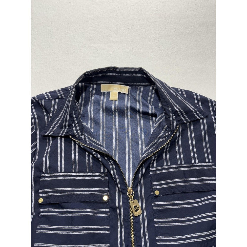 MICHAEL Michael Kors Blouse Womens Large Blue Stripe Zip Tunic Long Sleeve Top