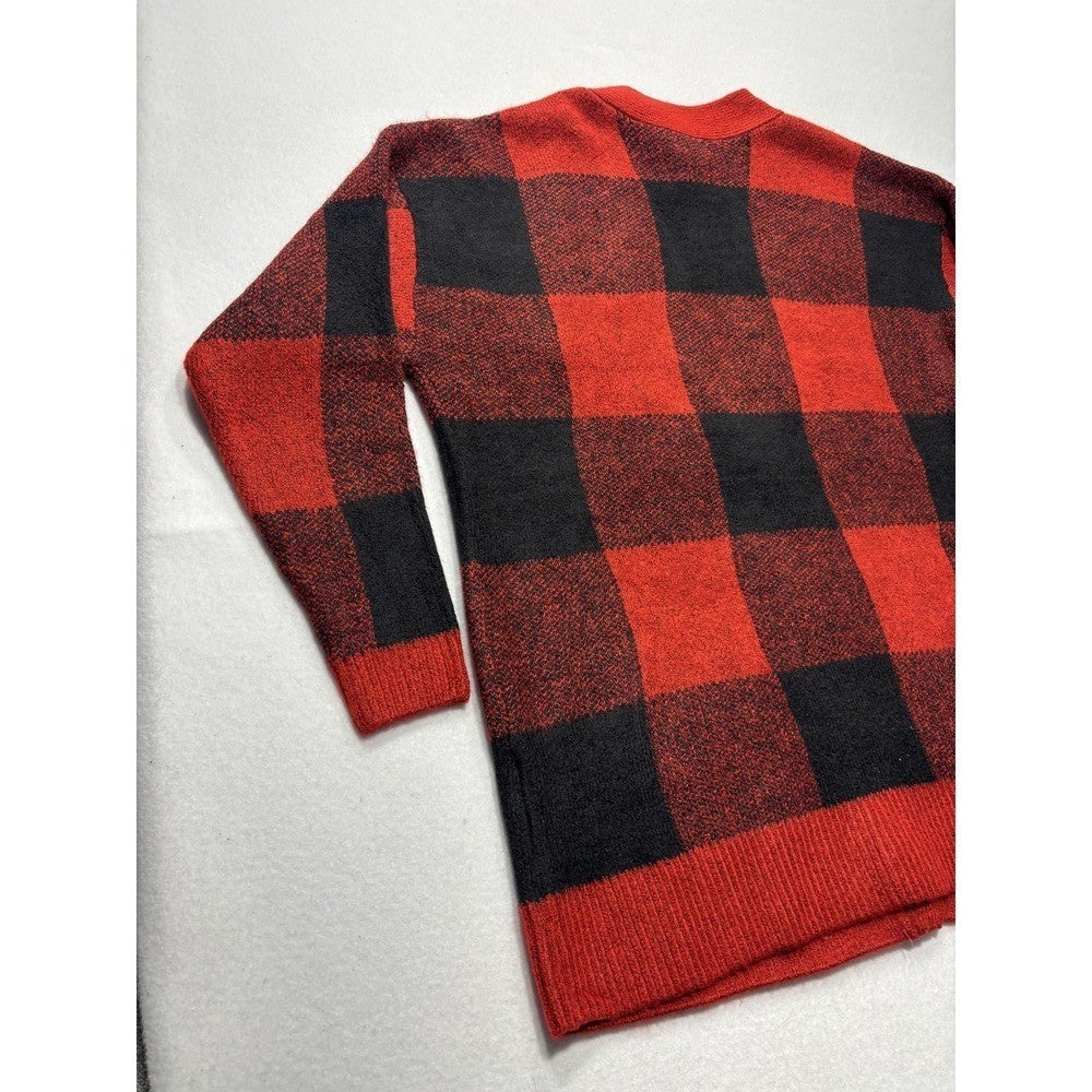 Style&co. Cardigan Womens PL Red Buffalo Plaid Chunky Knit Button Front Pockets