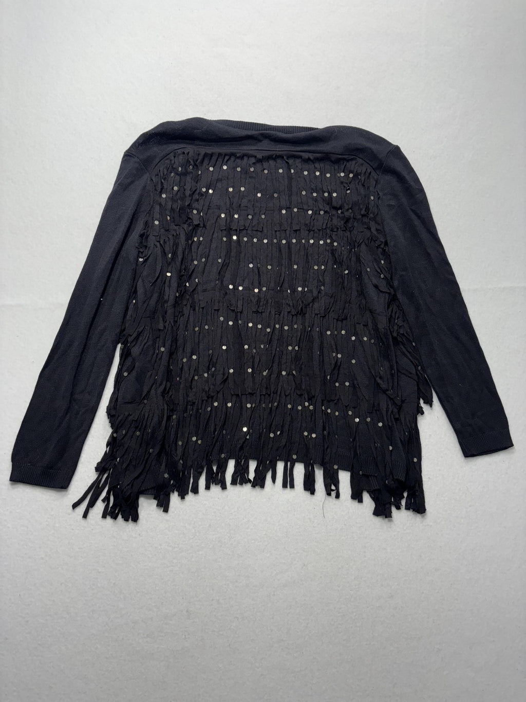 Chan Luu Cardigan Womens XS Black Fringe Sequin Knit Open Front Boho Long Sleeve