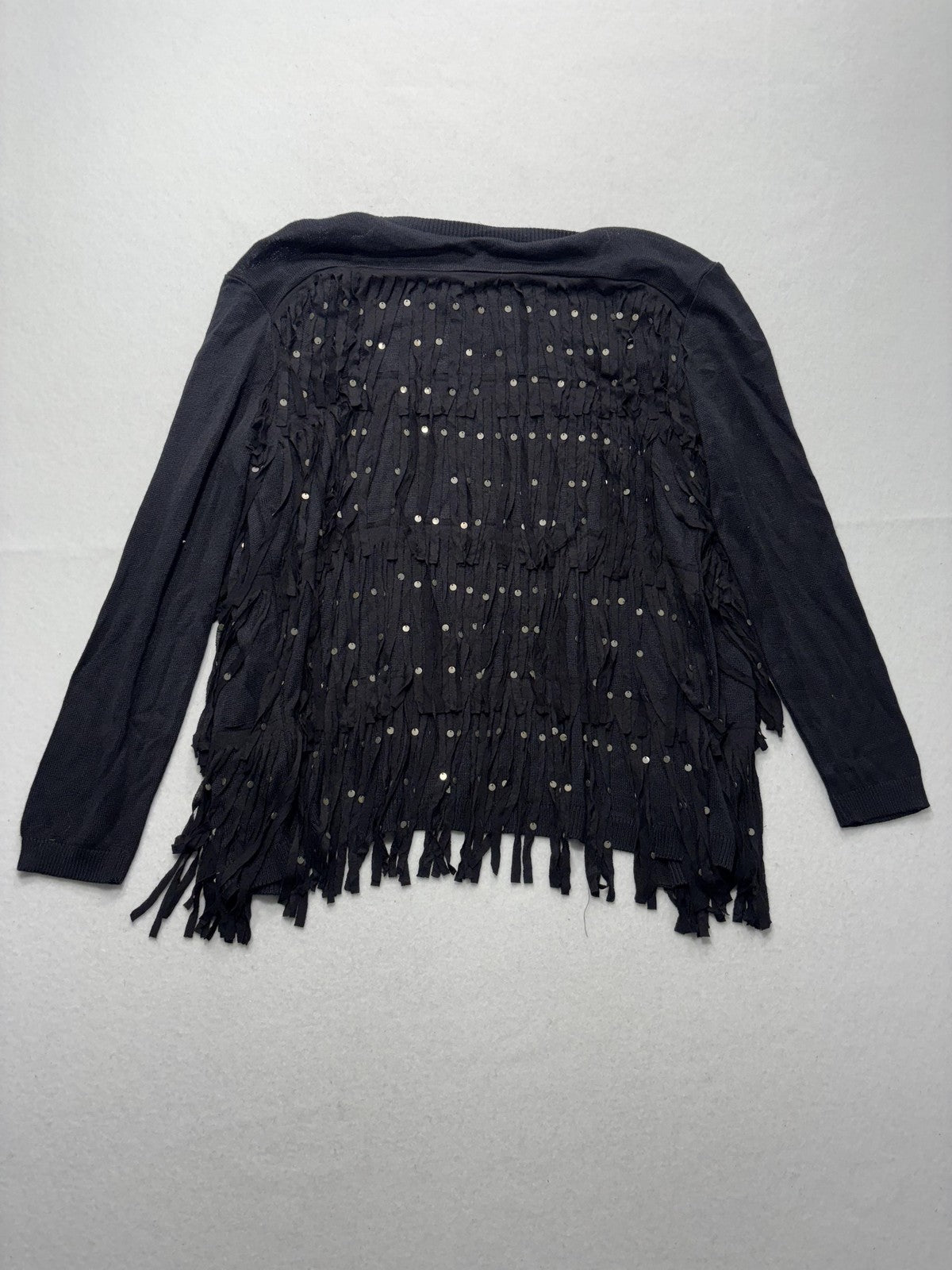 Chan Luu Cardigan Womens XS Black Fringe Sequin Knit Open Front Boho Long Sleeve