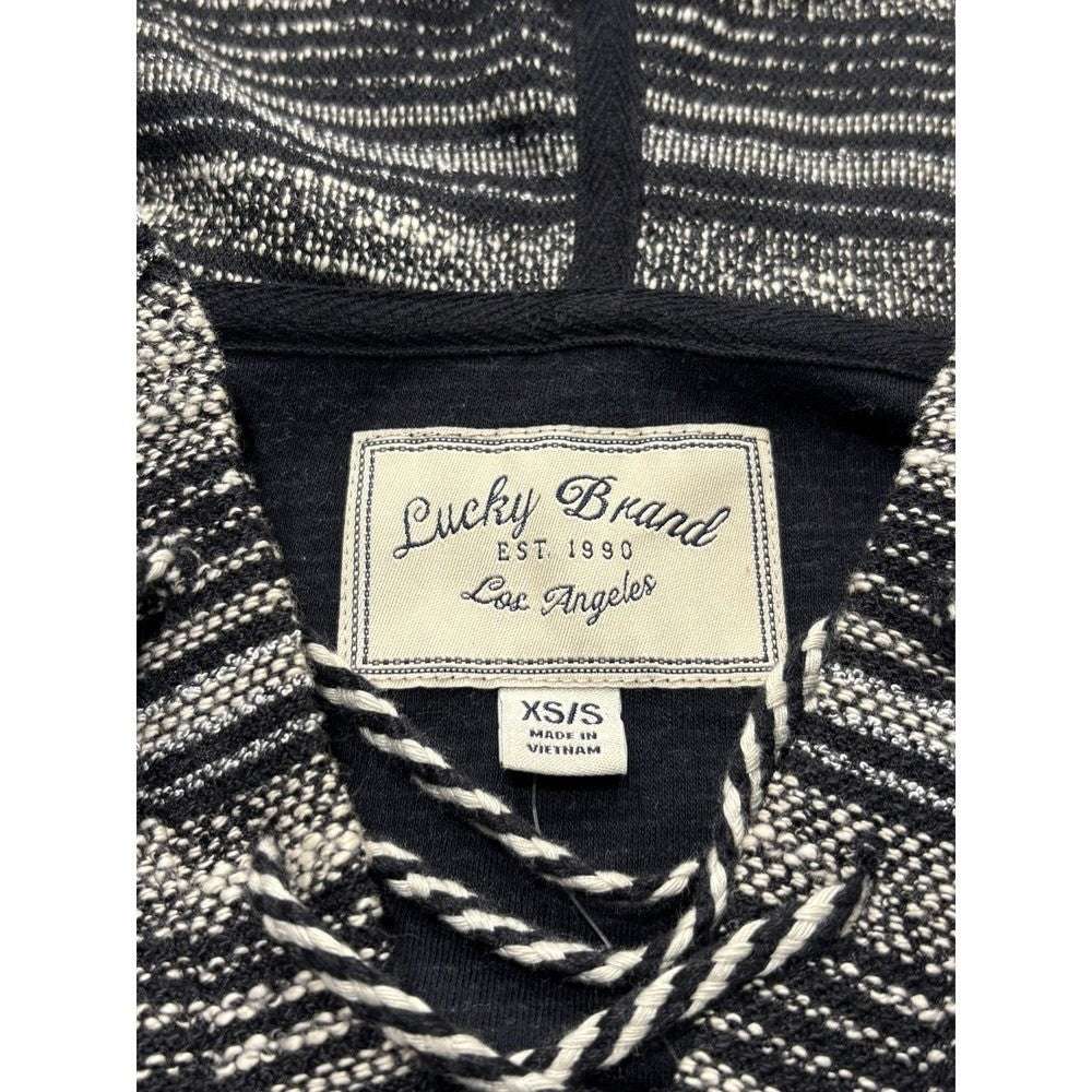 Lucky Brand Sweater Womens XS/S Black Striped Hooded Fringe Poncho Pullover