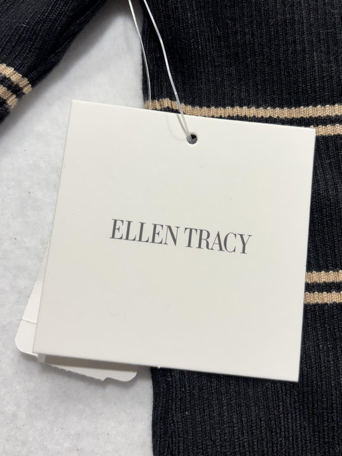 Ellen Tracy Sweater Womens Large Black Stripe Mock Neck Jeweled Shoulder Knit