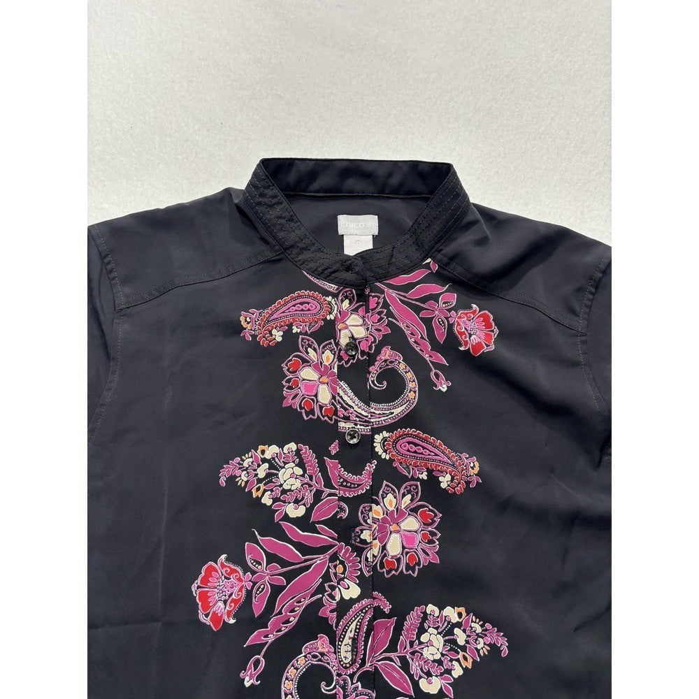 Chicos Womens 2 Black Paisley Floral Tunic Blouse Long Sleeve Mandarin Top