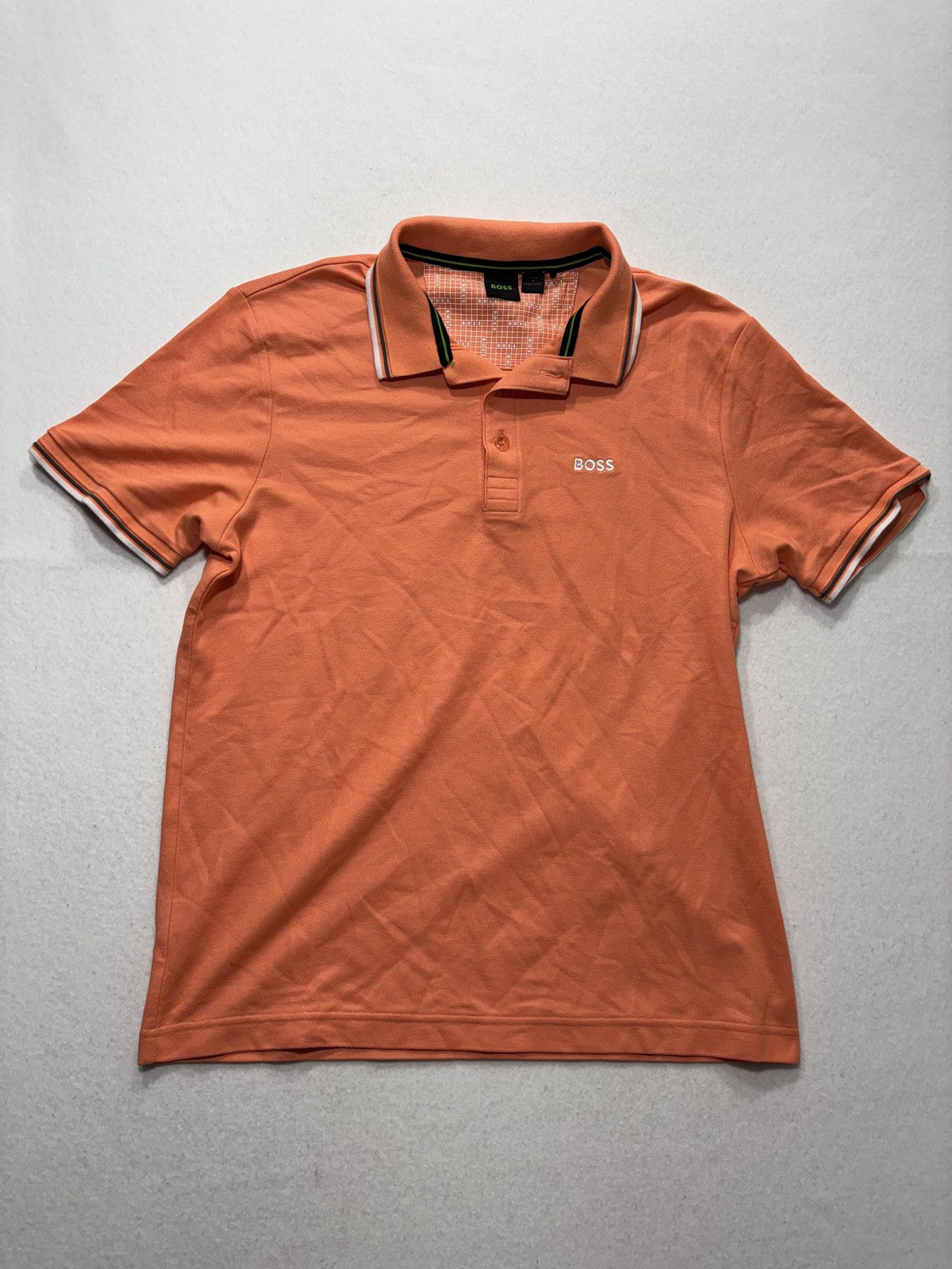 Boss Polo Shirt Mens Medium Orange Tipped Collar Logo Short Sleeve Knit Casual