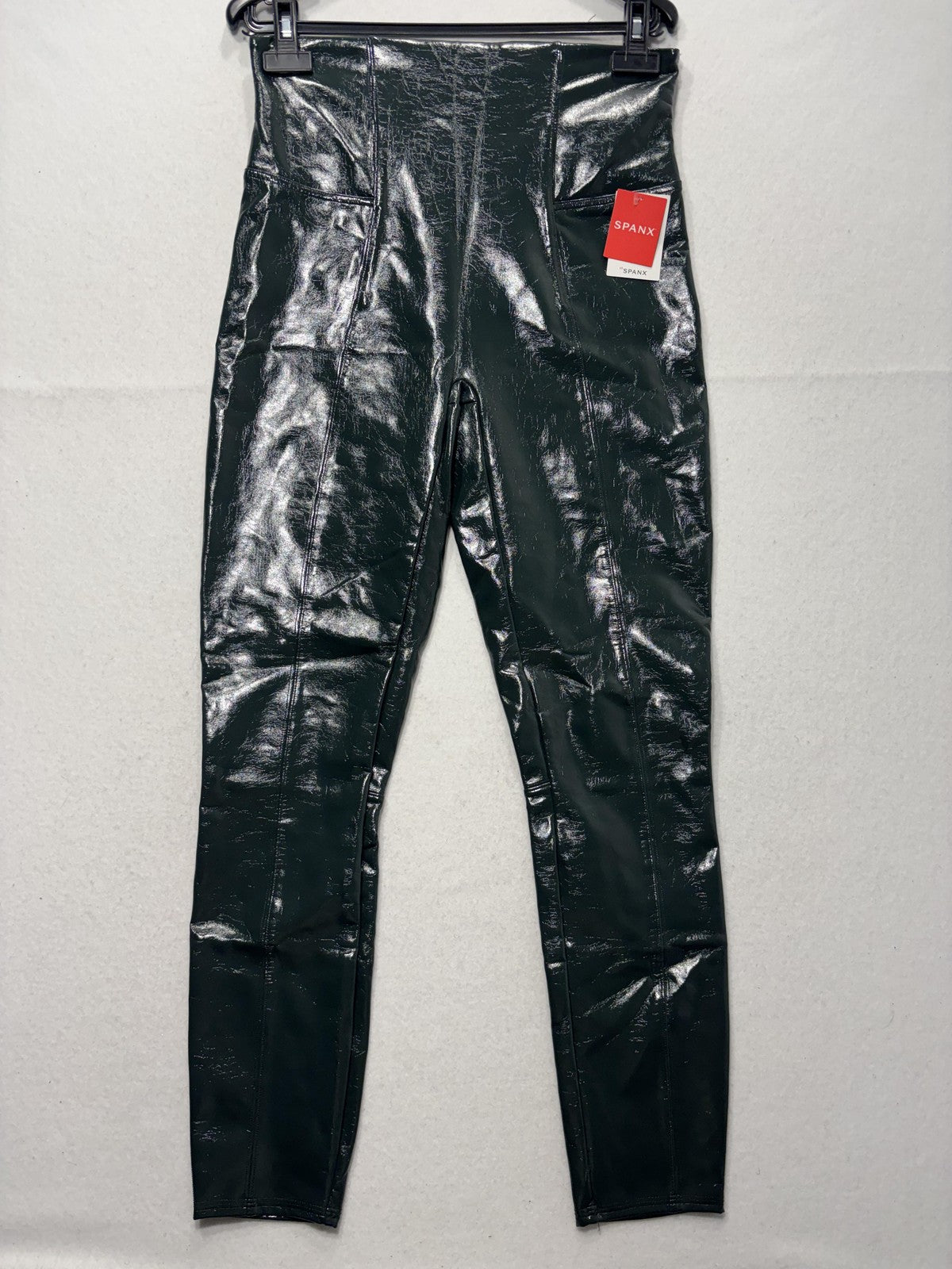 Spanx Leggings Womens Large Green Faux Patent Leather High Rise Shaping Ankle