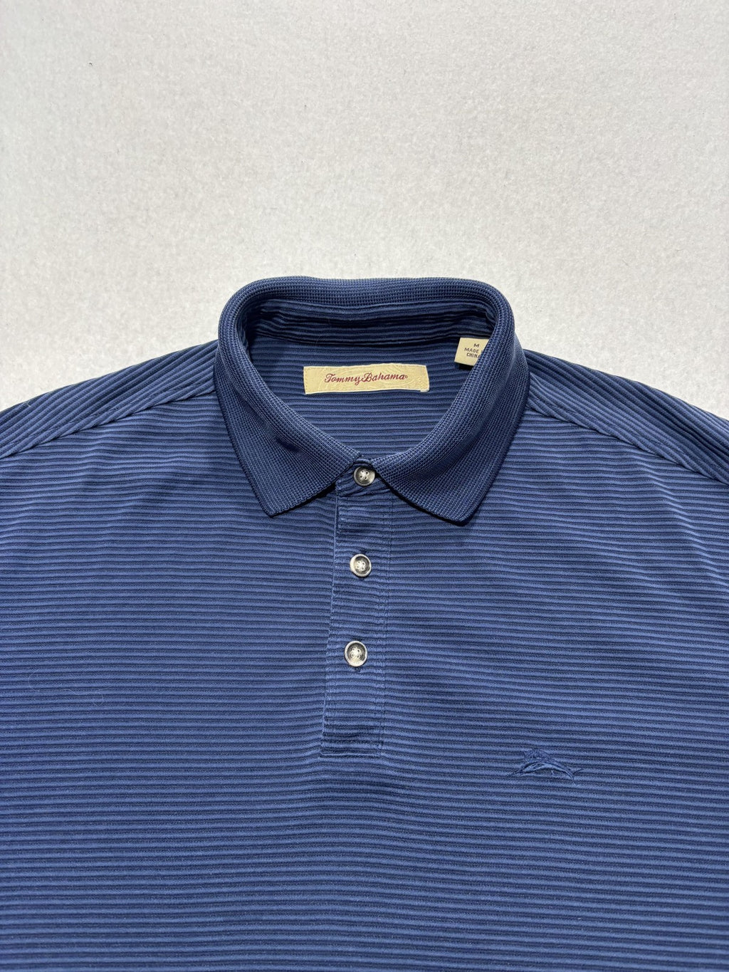 Tommy Bahama Polo Shirt Mens Medium Blue Striped Knit Short Sleeve Golf Casual