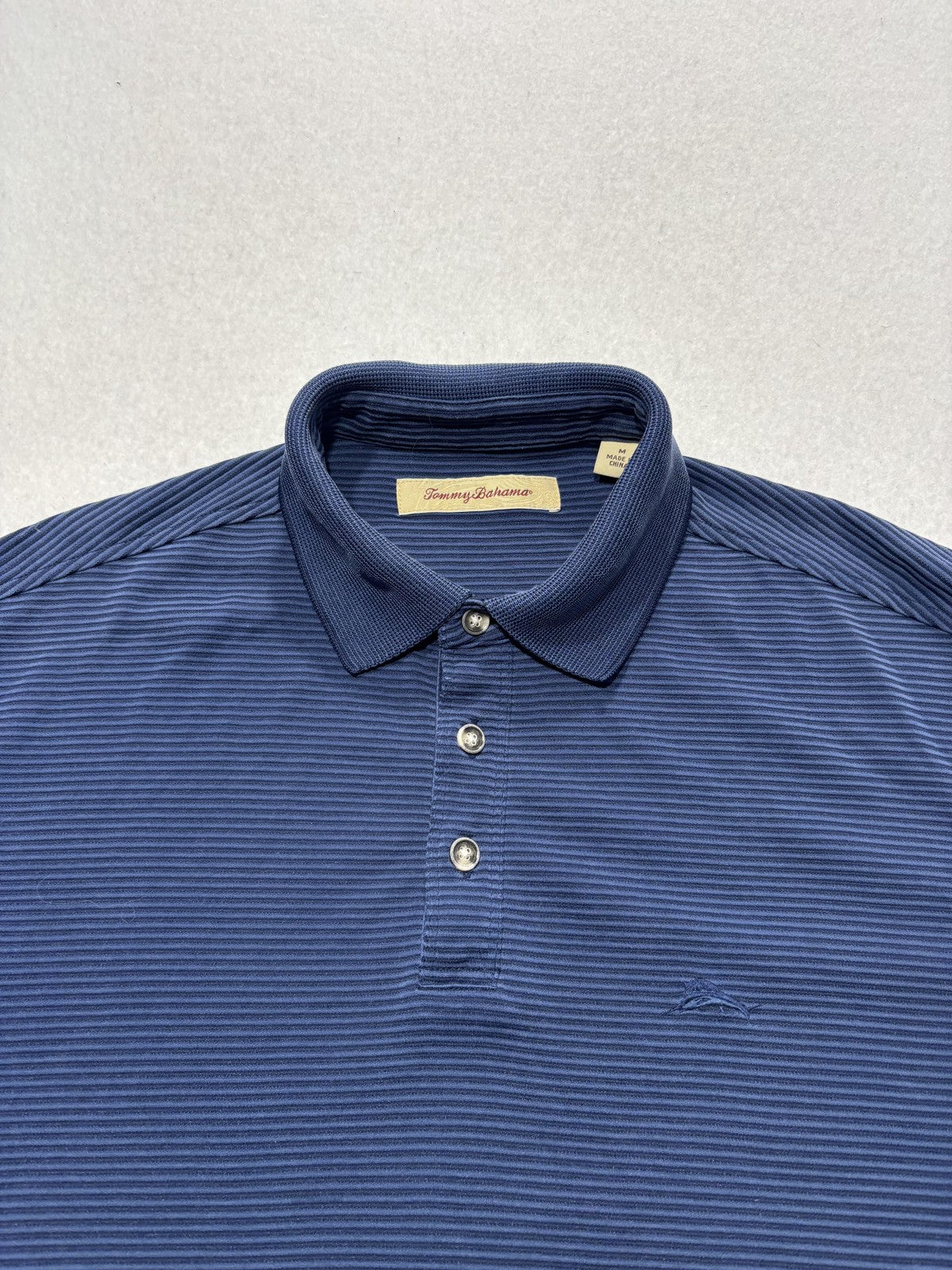 Tommy Bahama Polo Shirt Mens Medium Blue Striped Knit Short Sleeve Golf Casual