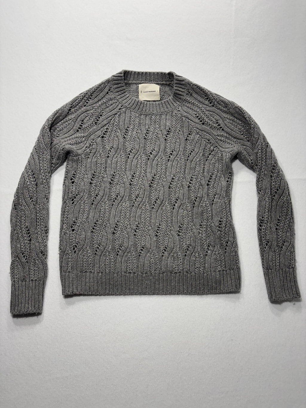 Lucky Brand Sweater Womens Small Gray Open Knit Crew Neck Raglan Glitter Alpaca