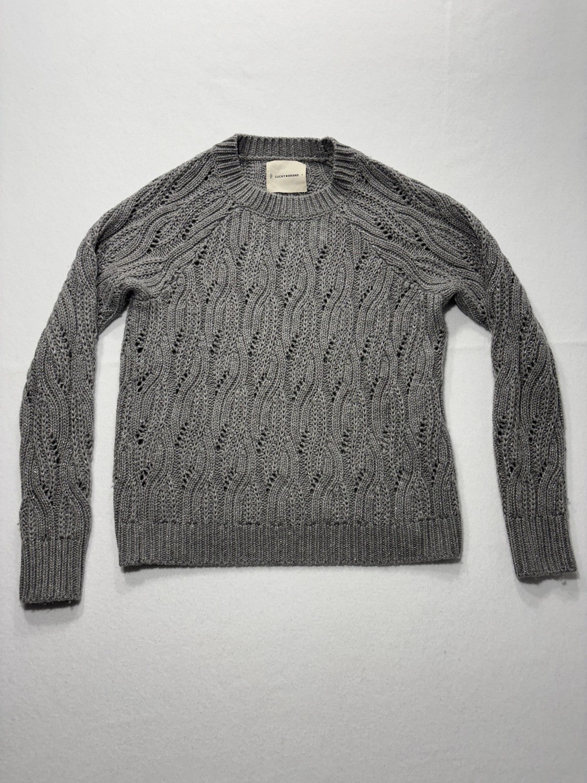 Lucky Brand Sweater Womens Small Gray Open Knit Crew Neck Raglan Glitter Alpaca