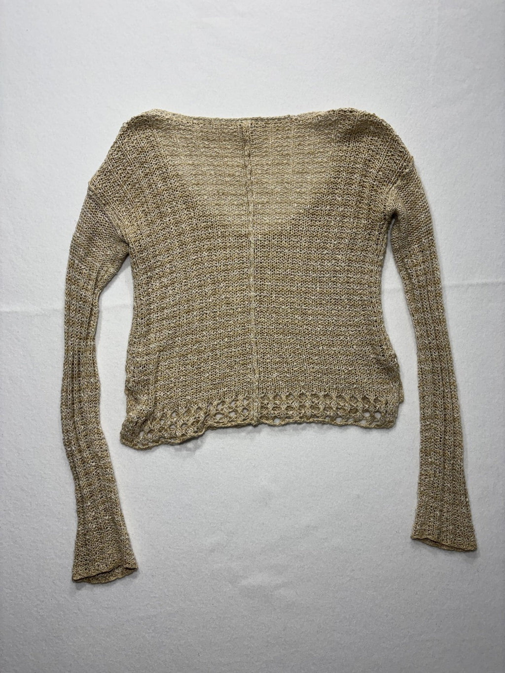 Free People Sweater Womens XS Beige V Neck Long Sleeve Open Knit Crochet Boho