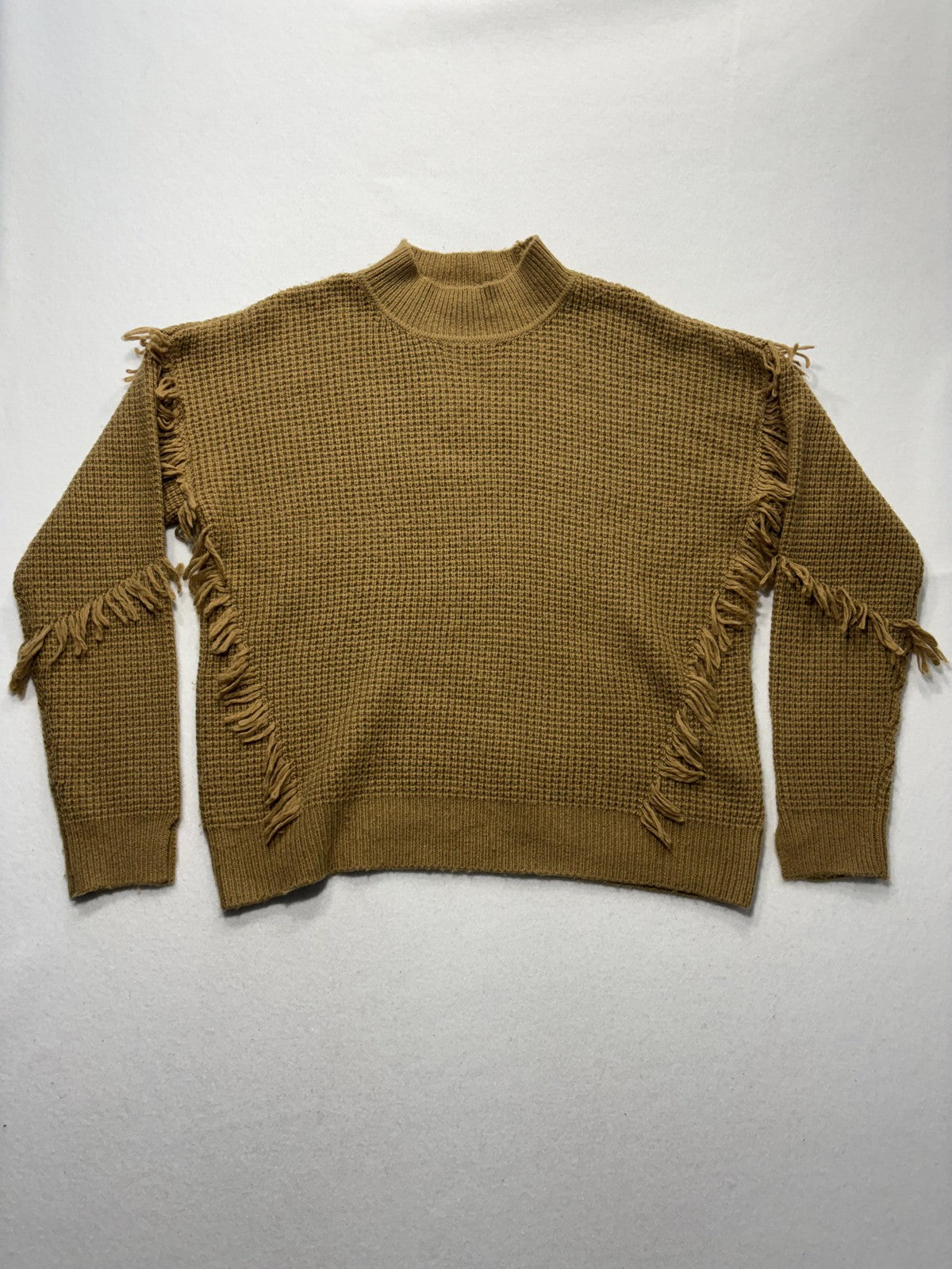 MICHAEL Michael Kors Sweater Womens Large Brown Waffle Knit Fringe Mock Neck