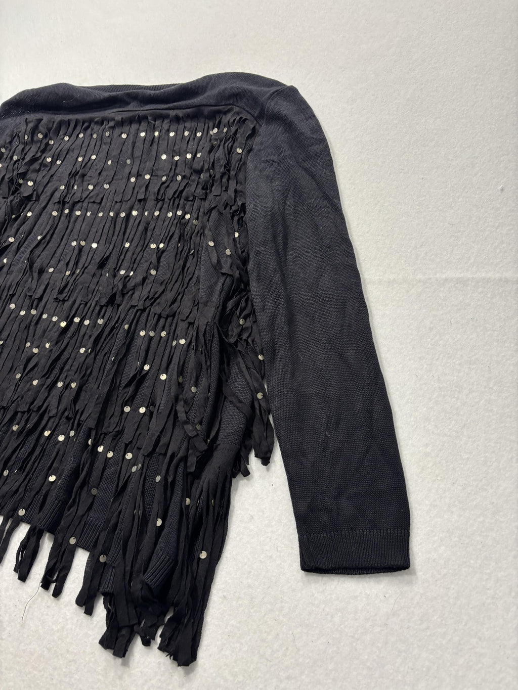 Chan Luu Cardigan Womens XS Black Fringe Sequin Knit Open Front Boho Long Sleeve