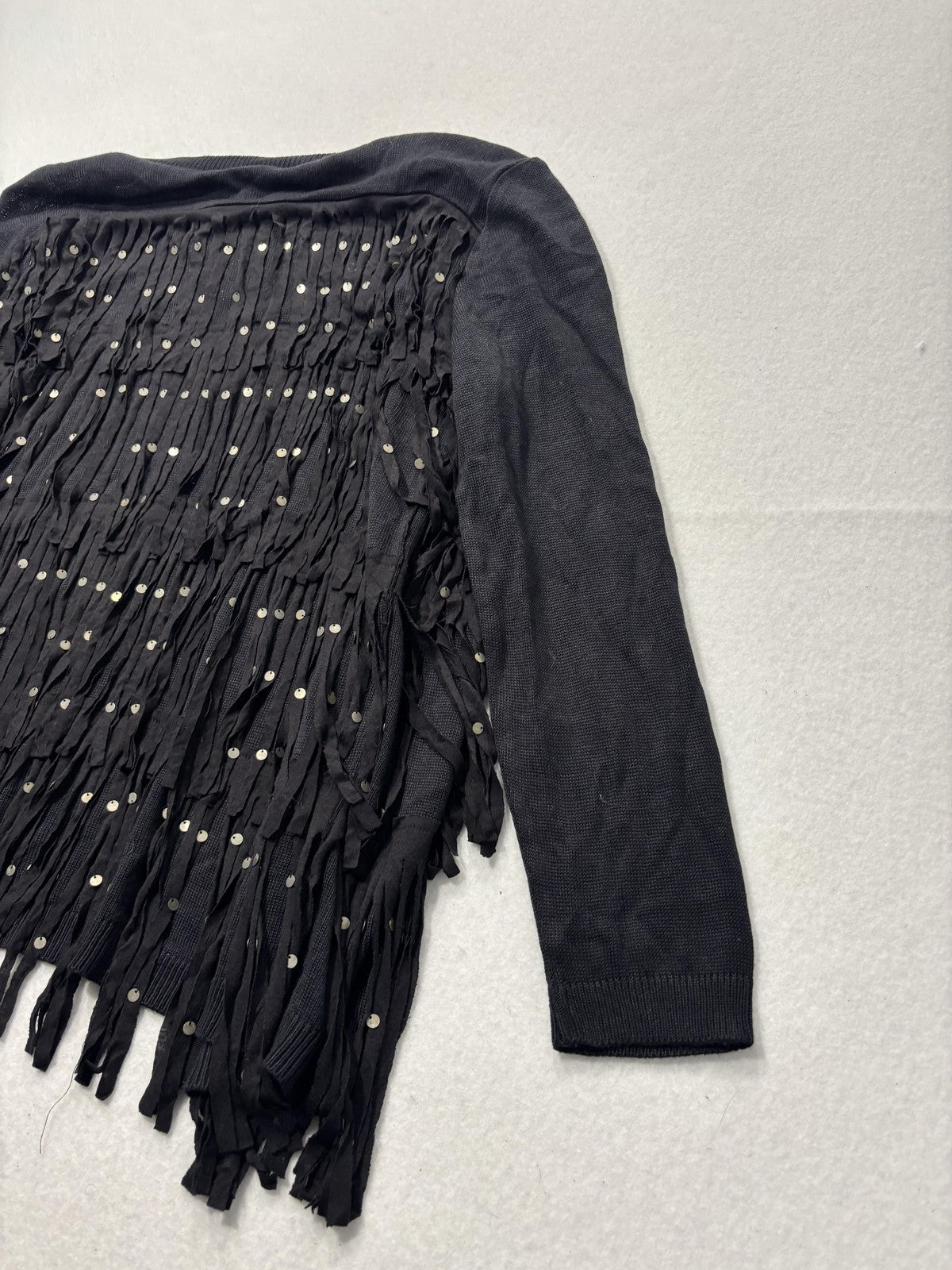 Chan Luu Cardigan Womens XS Black Fringe Sequin Knit Open Front Boho Long Sleeve
