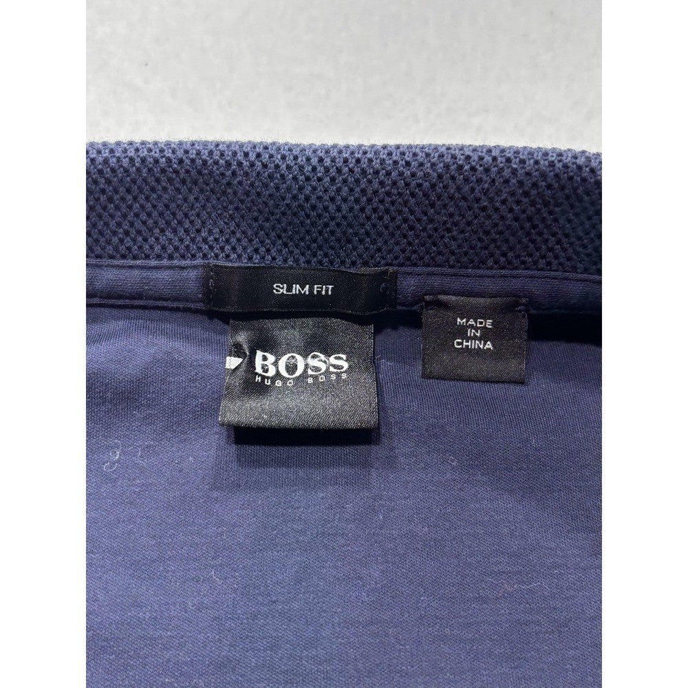 Hugo Boss Polo Shirt Mens Medium Blue Slim Fit Geometric Knit Short Sleeve