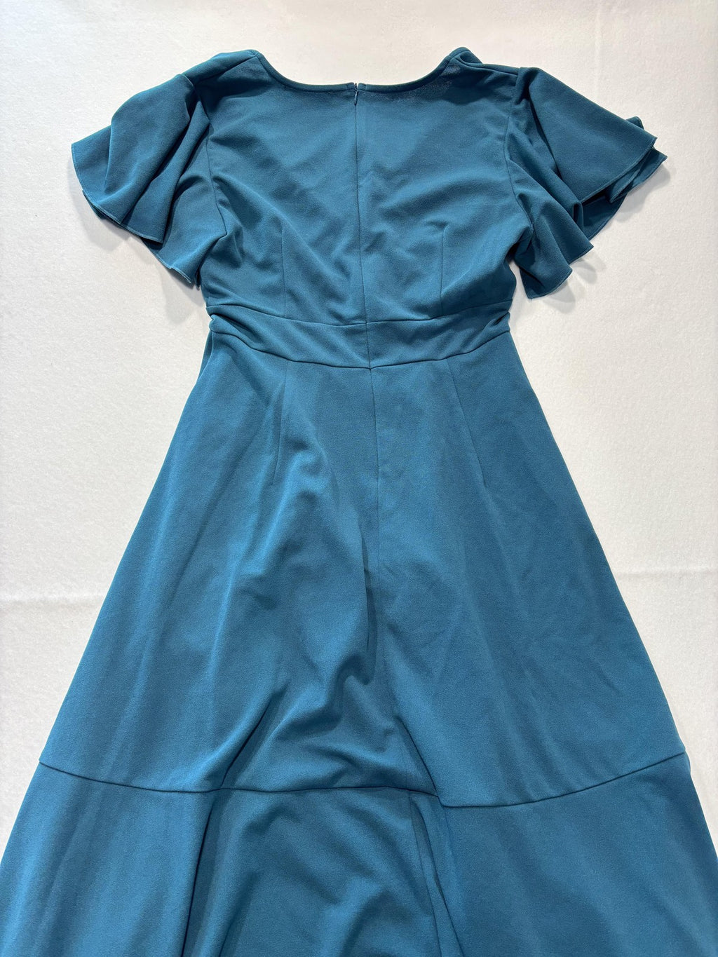 ZZV Dress Womens Medium Blue Cowl Neck Flutter Sleeve Asymmetrical Ruffle Midi