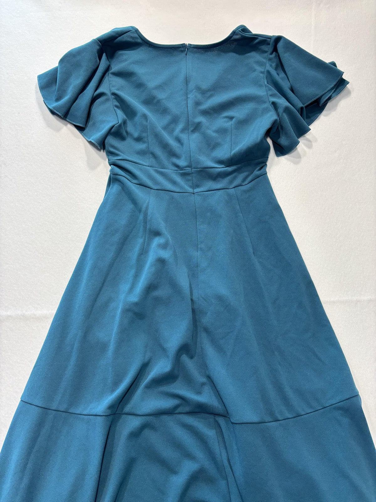 ZZV Dress Womens Medium Blue Cowl Neck Flutter Sleeve Asymmetrical Ruffle Midi