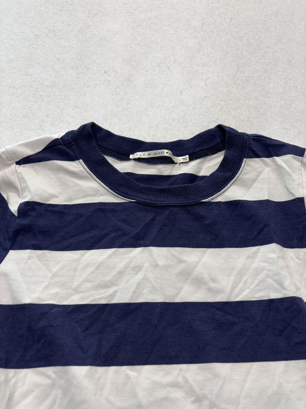 H + H BY HEART Shirt Unisex Kids L Blue White Stripe Crew Neck Tee Short Sleeve