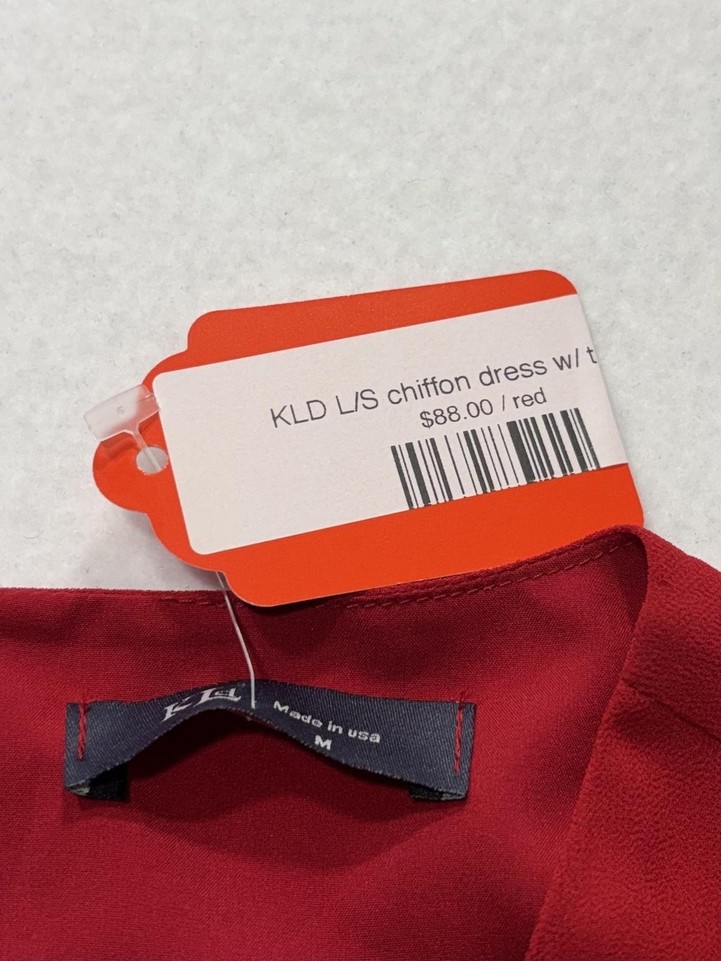 KLD Dress Womens Medium Red Chiffon Belted Fit Flare Long Sleeve Round Neck Mini