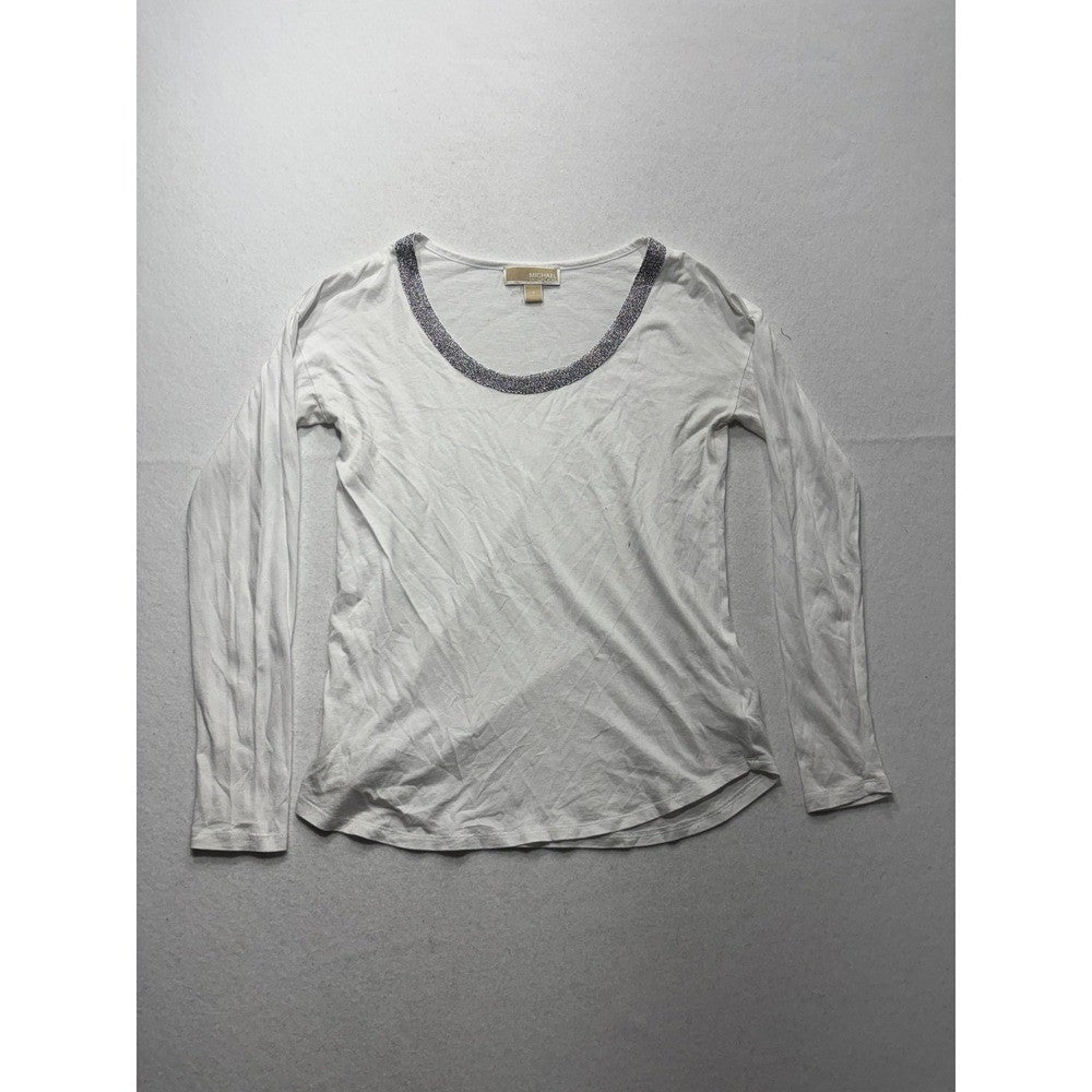 MICHAEL Michael Kors Top Womens Small White Scoop Neck Beaded Long Sleeve Jersey